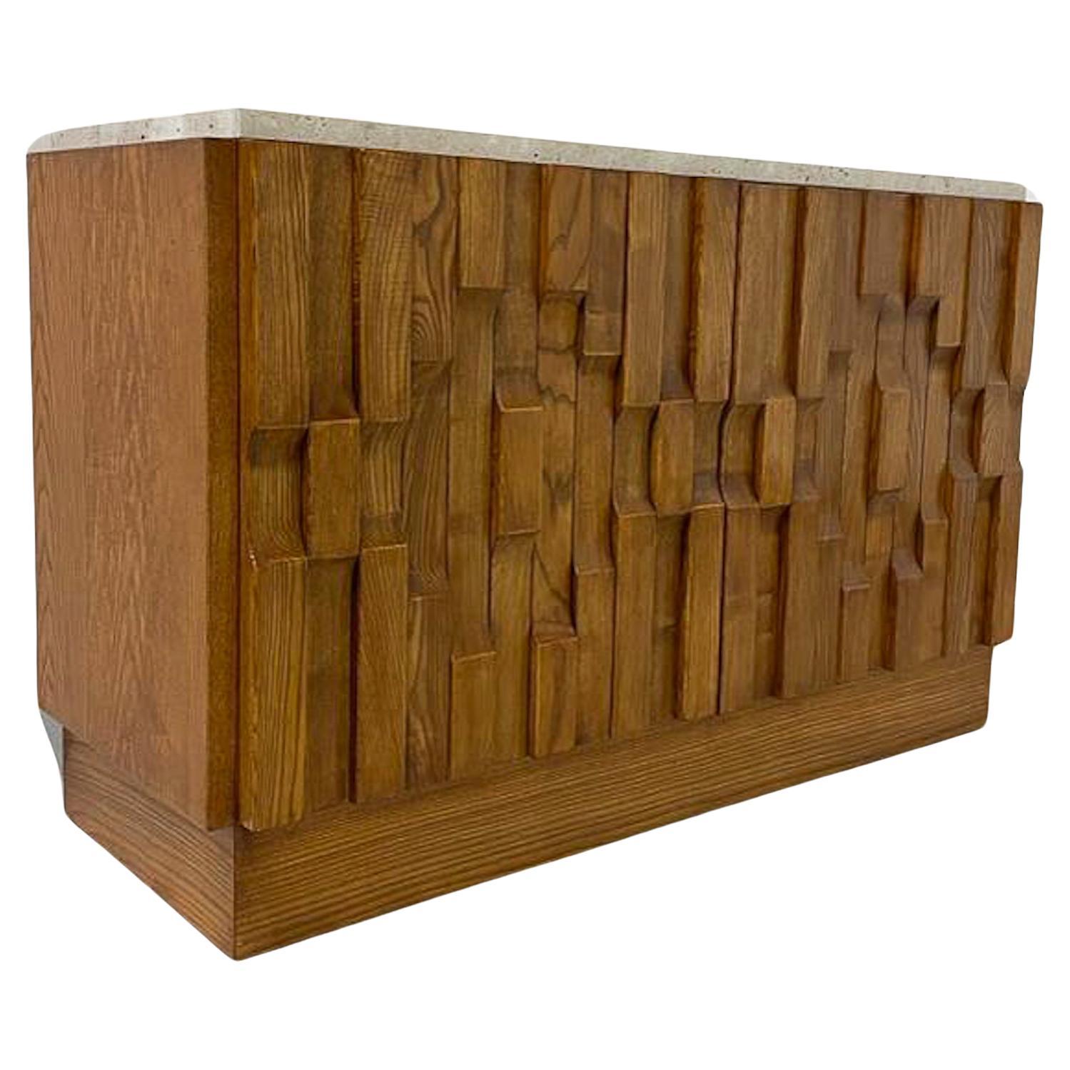 Contemporary Brutalist Sideboard, Ash and Travertine, Italy For Sale
