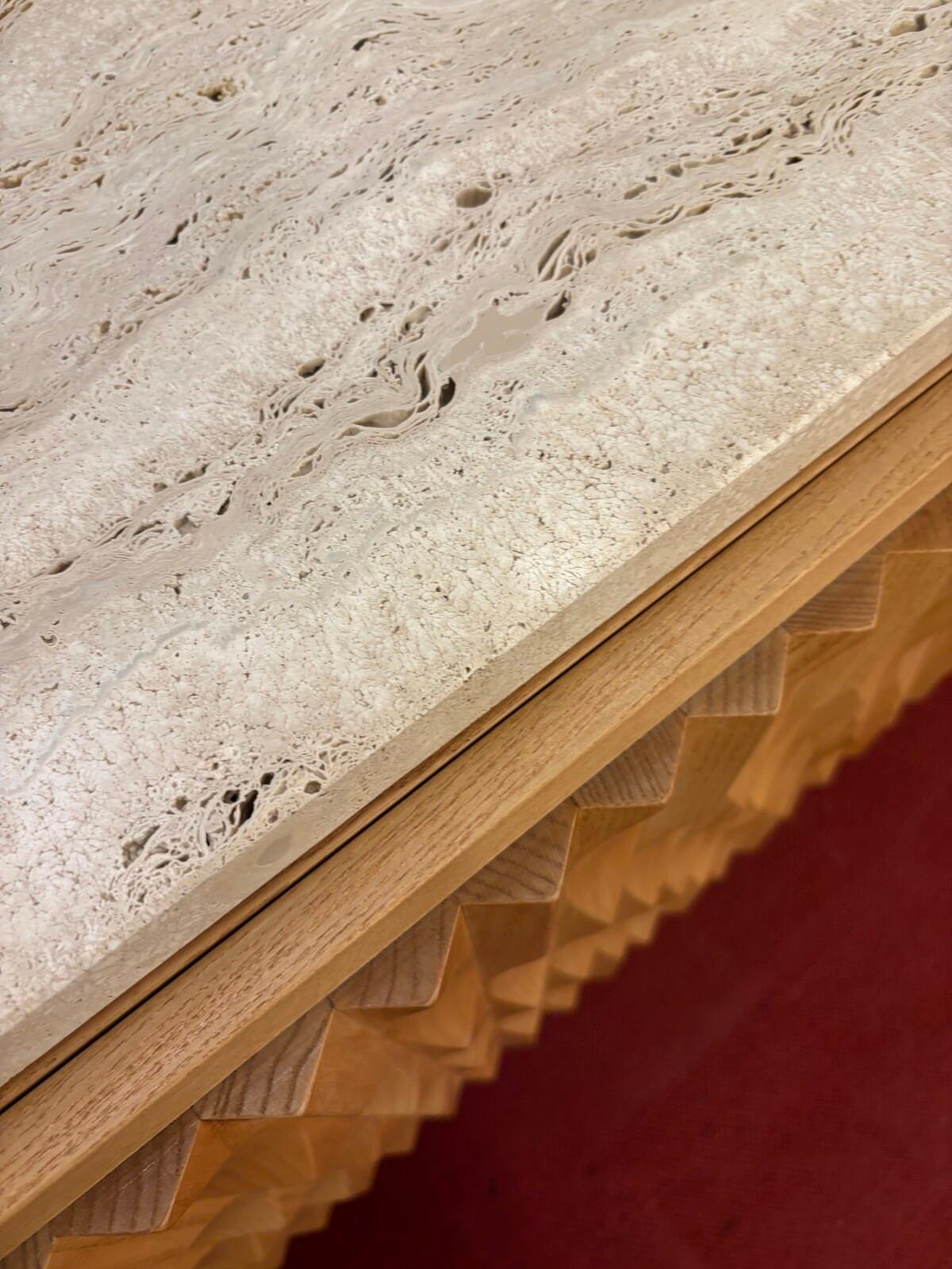 Italian Contemporary Brutalist Sideboard, Wood and Travertine, Italy For Sale