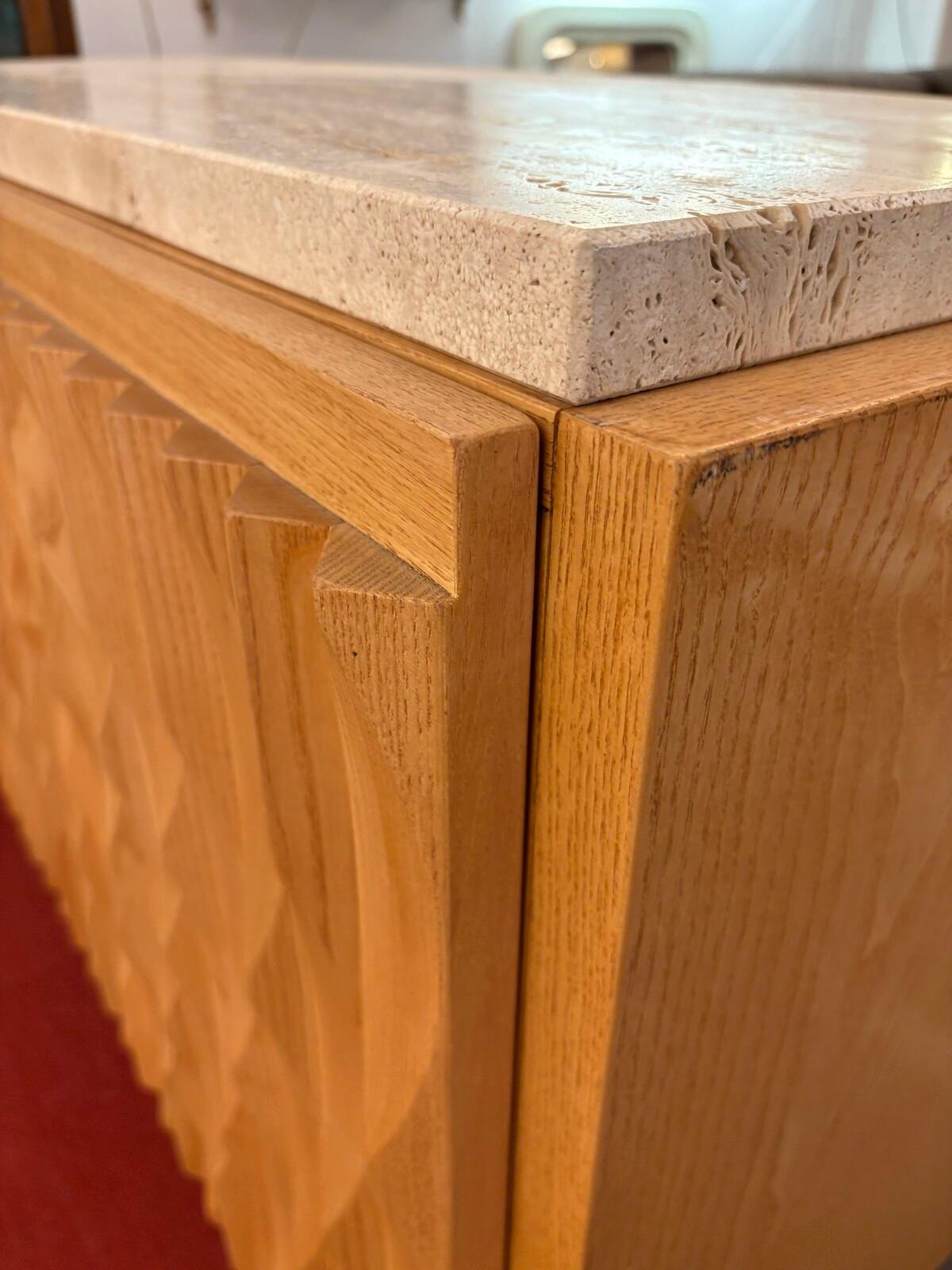 Contemporary Brutalist Sideboard, Wood and Travertine, Italy For Sale 1