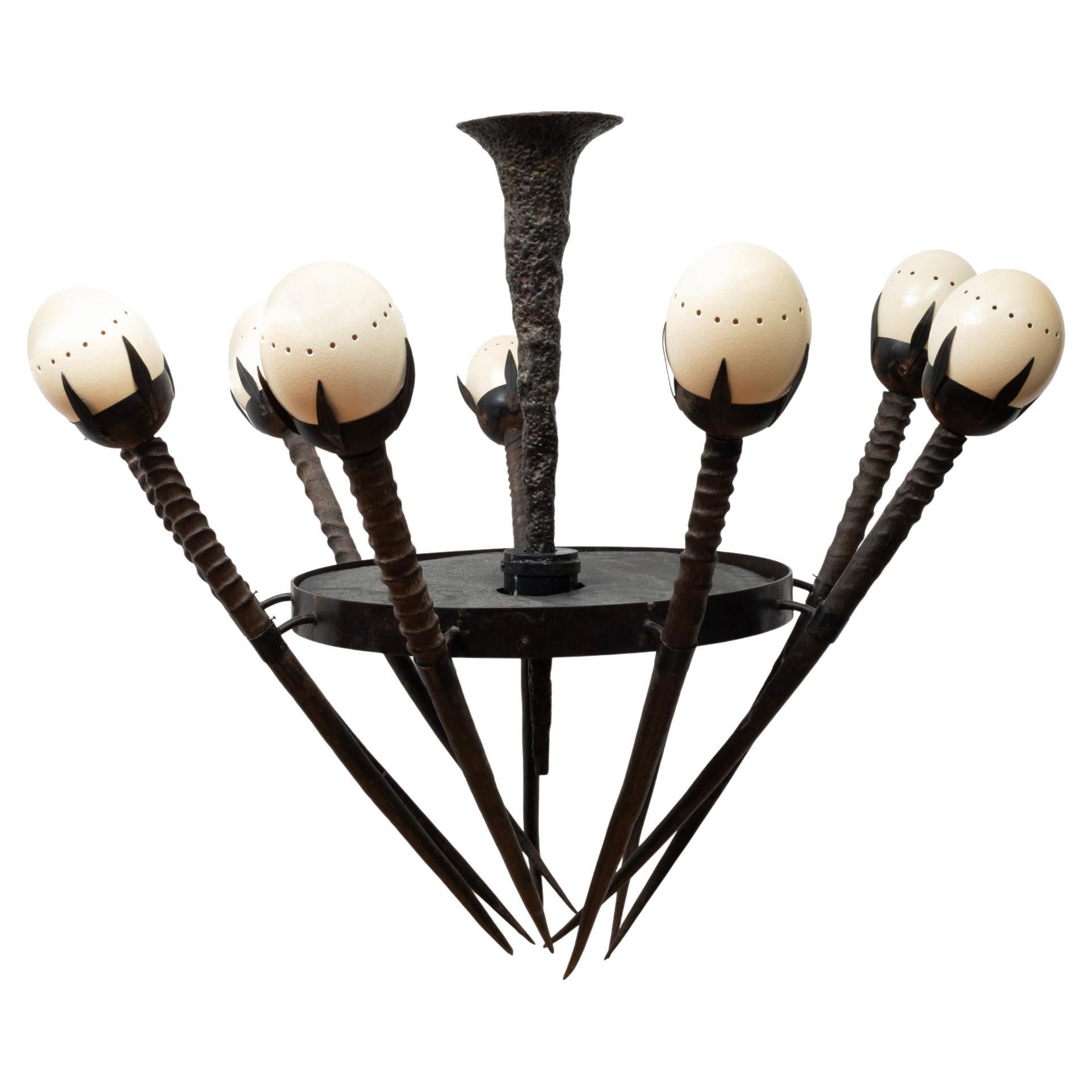 Contemporary Brutalist Style 9 Light Ostrich Egg Chandelier  For Sale