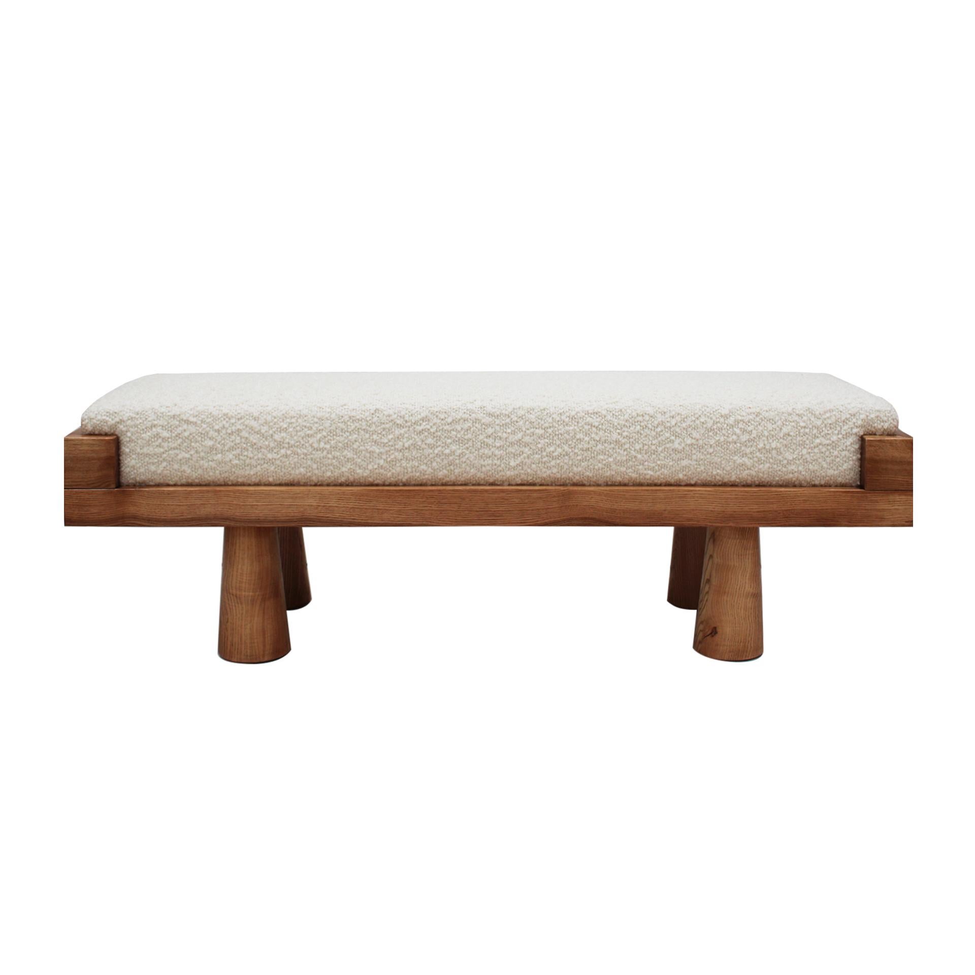 Italian Contemporary Brutalist Style Bench in Solid Oak and Wool Bouclé, Italy For Sale
