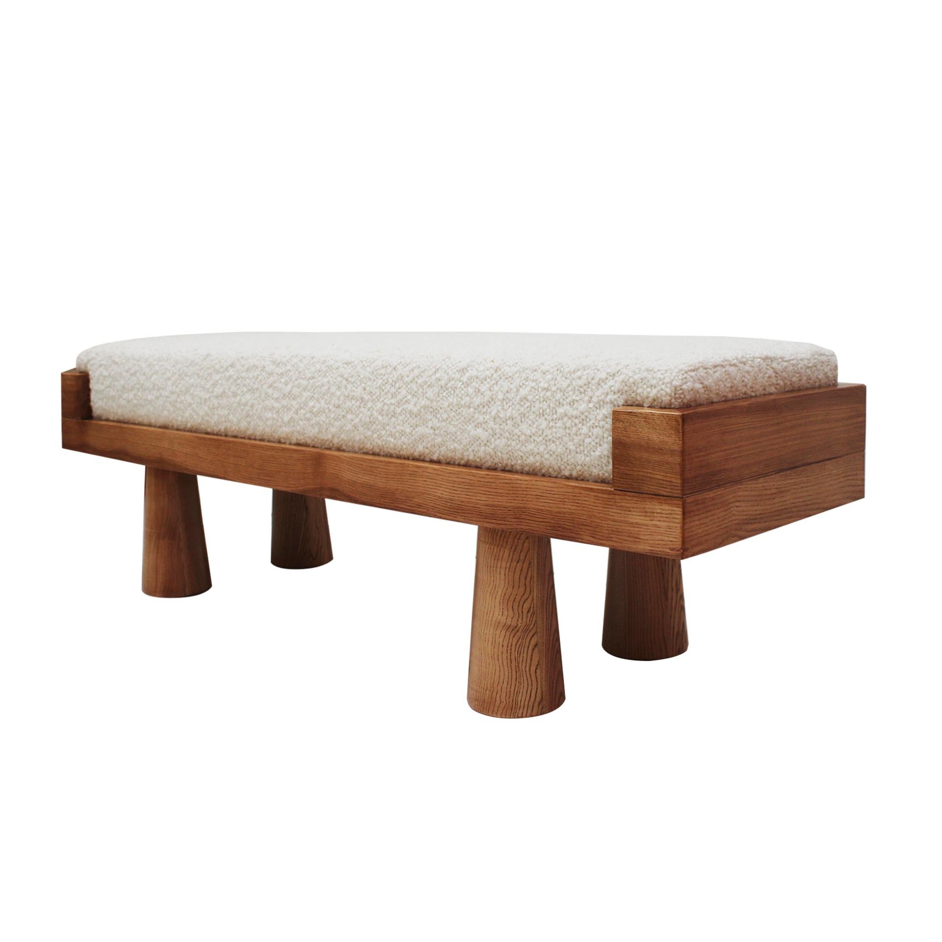 Wood Contemporary Brutalist Style Bench in Solid Oak and Wool Bouclé, Italy For Sale