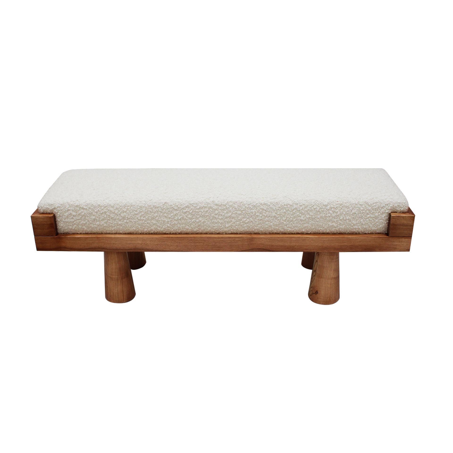 Contemporary Brutalist Style Bench in Solid Oak and Wool Bouclé, Italy For Sale 1