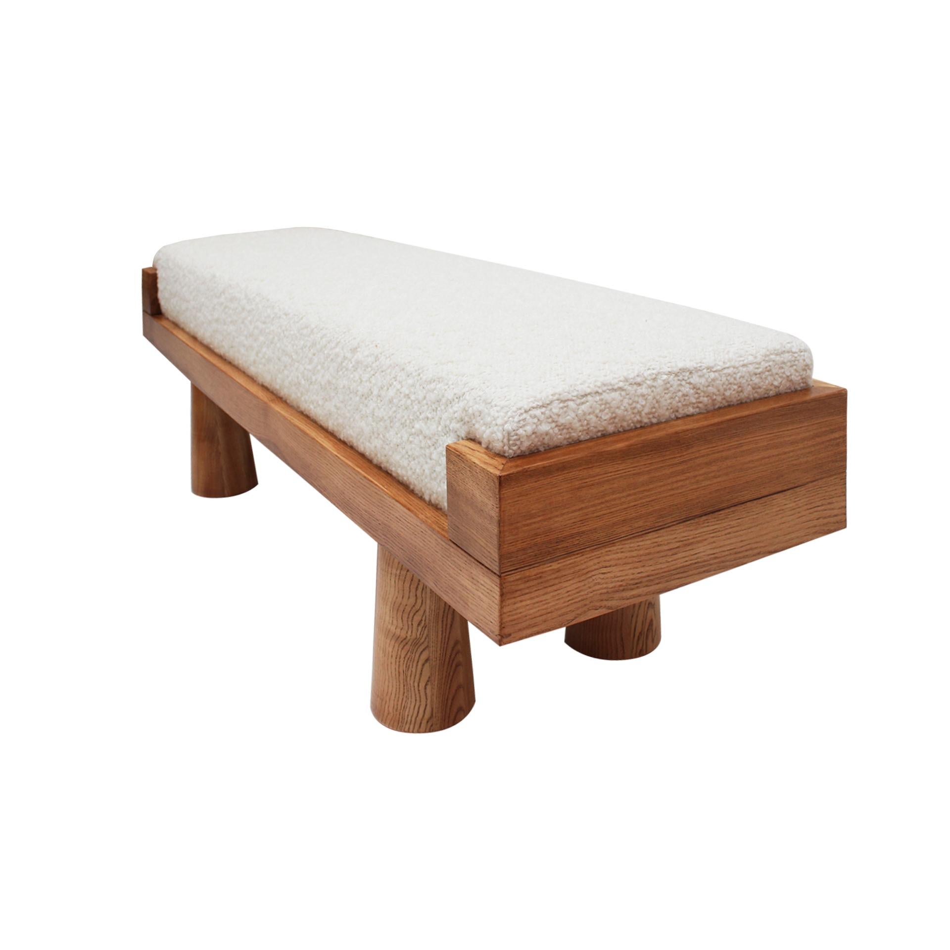Contemporary Brutalist Style Bench in Solid Oak and Wool Bouclé, Italy For Sale 2