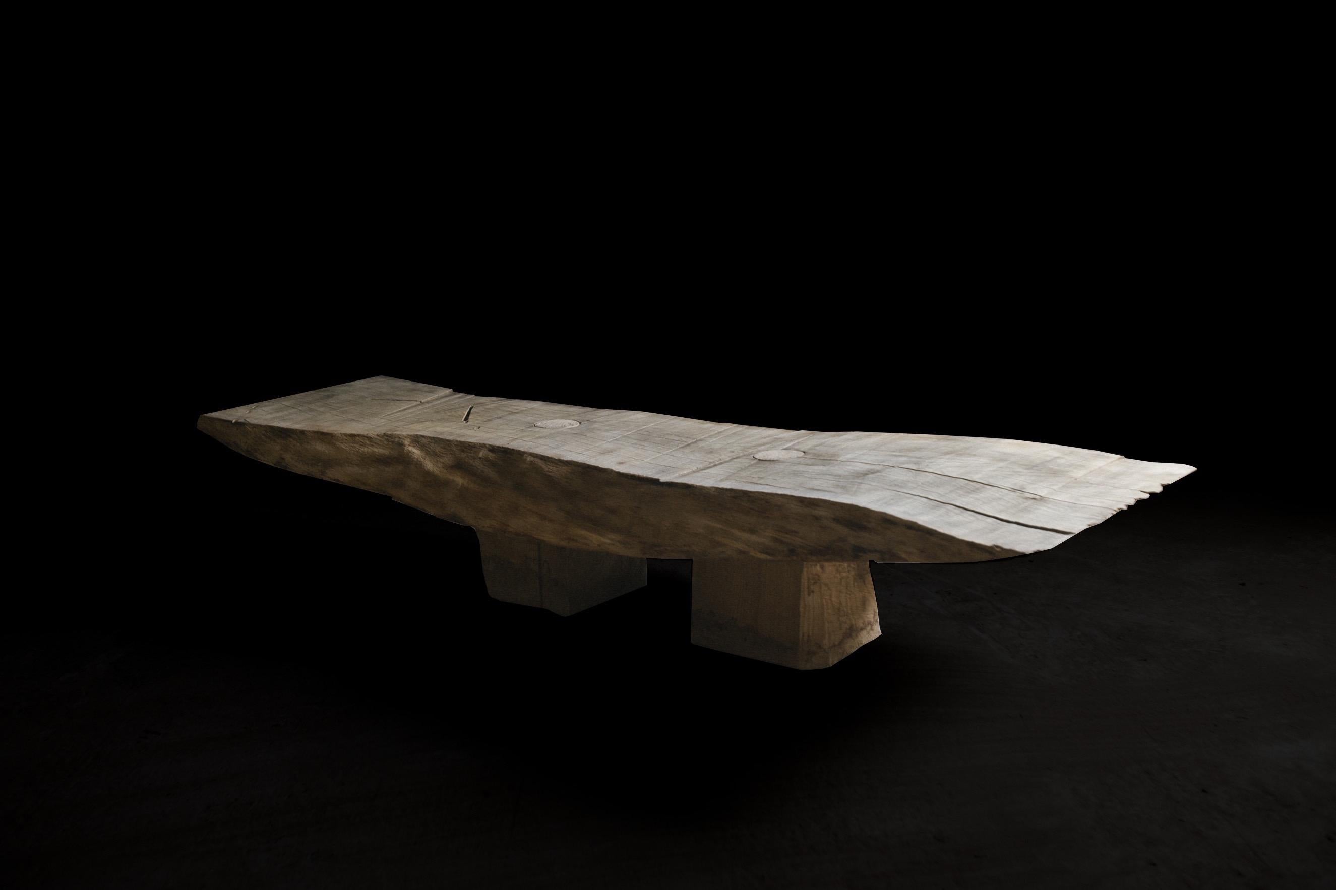Bench or low table made of solid oak (+ linseed oil)
(Outdoor use OK)
Measures: 35 x 180 x 60 cm

Warm furniture’s made by Russian designer Denis Milovanov from 