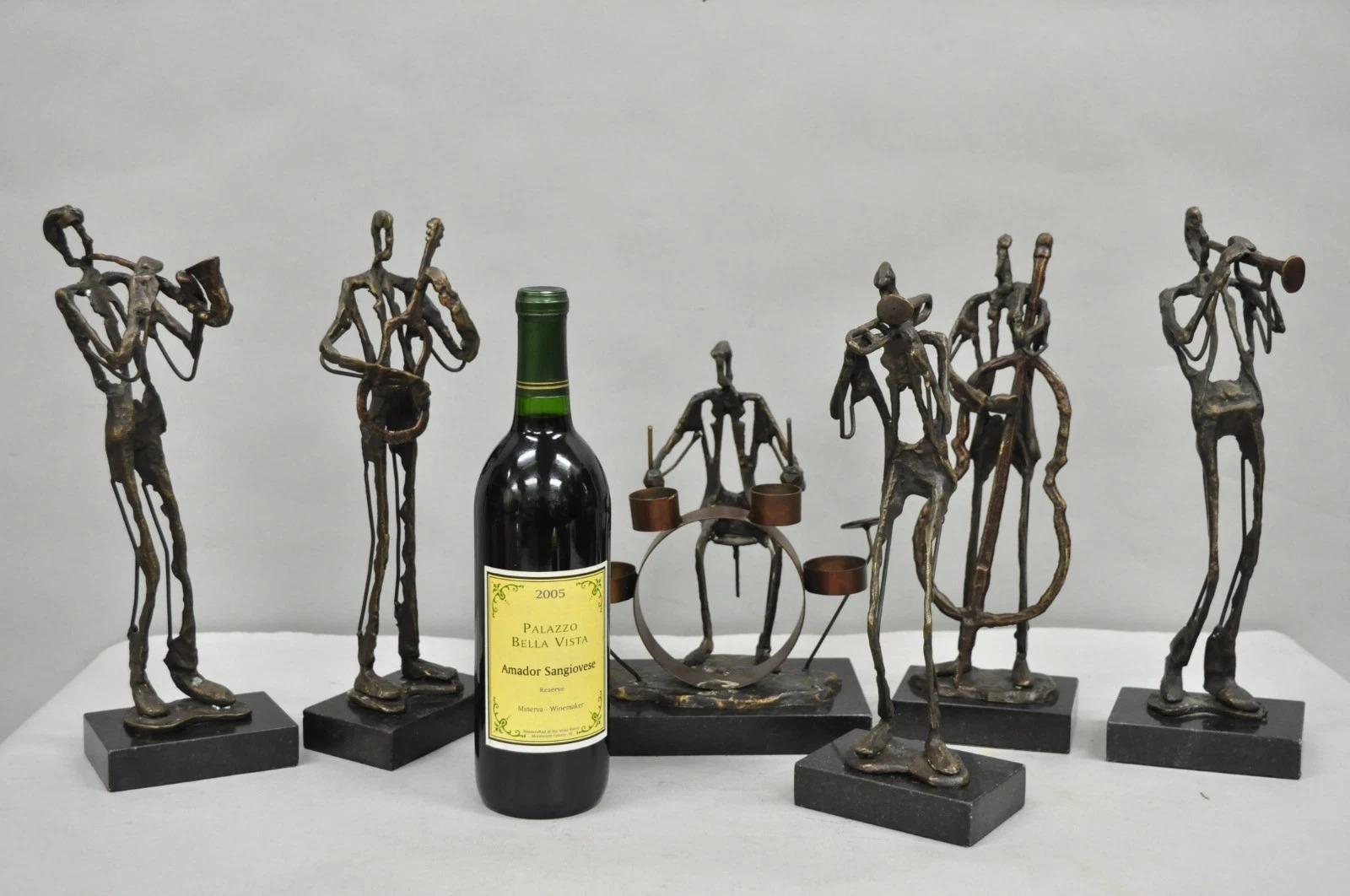 Contemporary Brutalist Style Bronze & Marble Jazz Musician Band Figures - 6 Pc Set. Circa Late 20th Century. Measurements: (5) Standing Musicians: 13