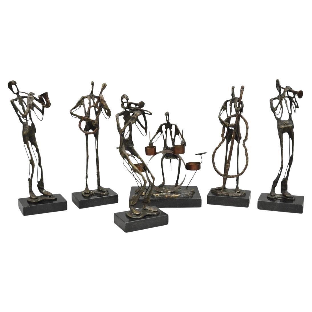 Contemporary Brutalist Style Bronze & Marble Jazz Musician Band Figures 6 Pc Set