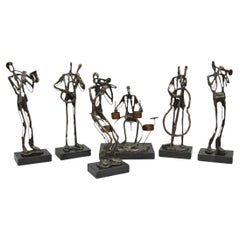 Contemporary Brutalist Style Bronze & Marble Jazz Musician Band Figures 6 Pc Set