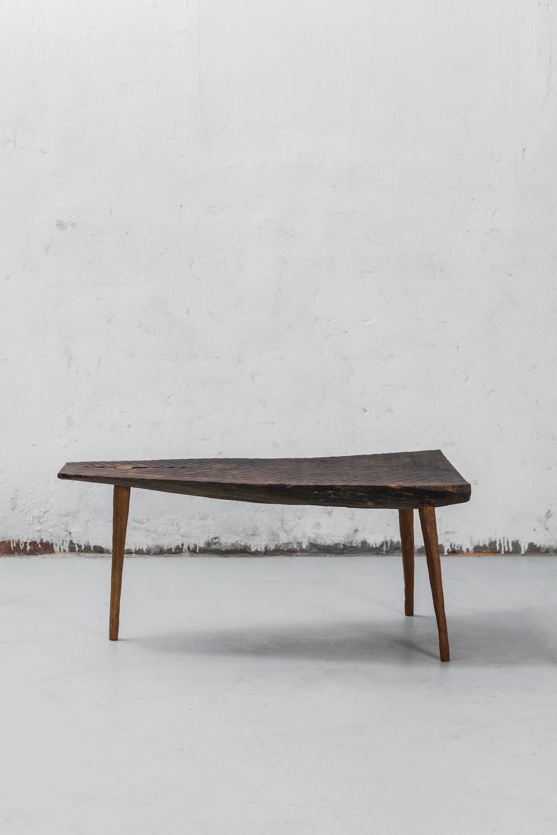 Russian Contemporary Brutalist Style Small Table #3 in Solid Oak and Linseed Oil For Sale