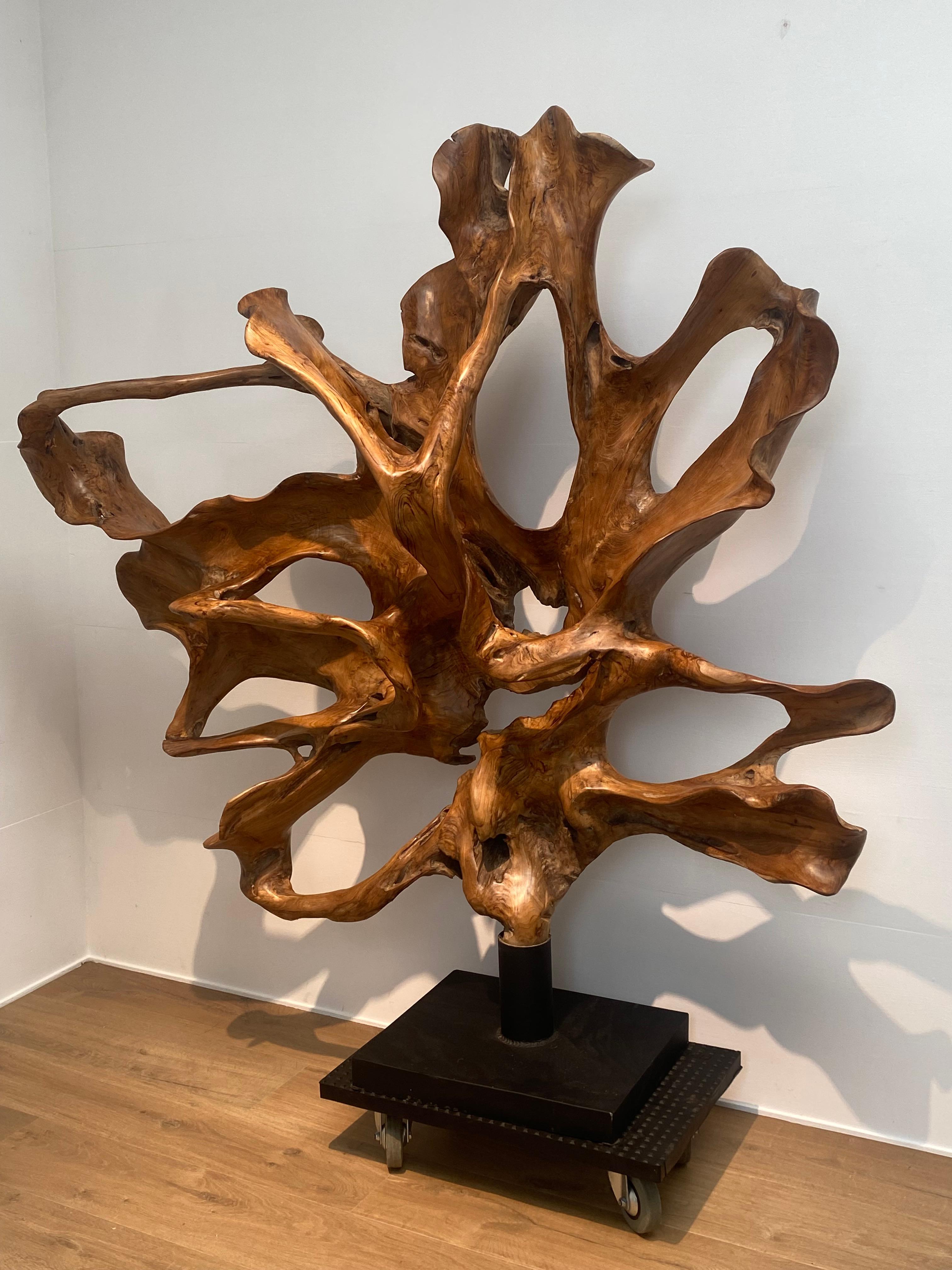 Sculpture contemporaine exceptionnelle en bois de teck poli,
étonnante forme organique ronde,
fabriqué à partir d'une vieille racine en bois d'une seule pièce,
monté sur un socle en fer,
peut être placé dans 2 positions, idéal pour diviser une