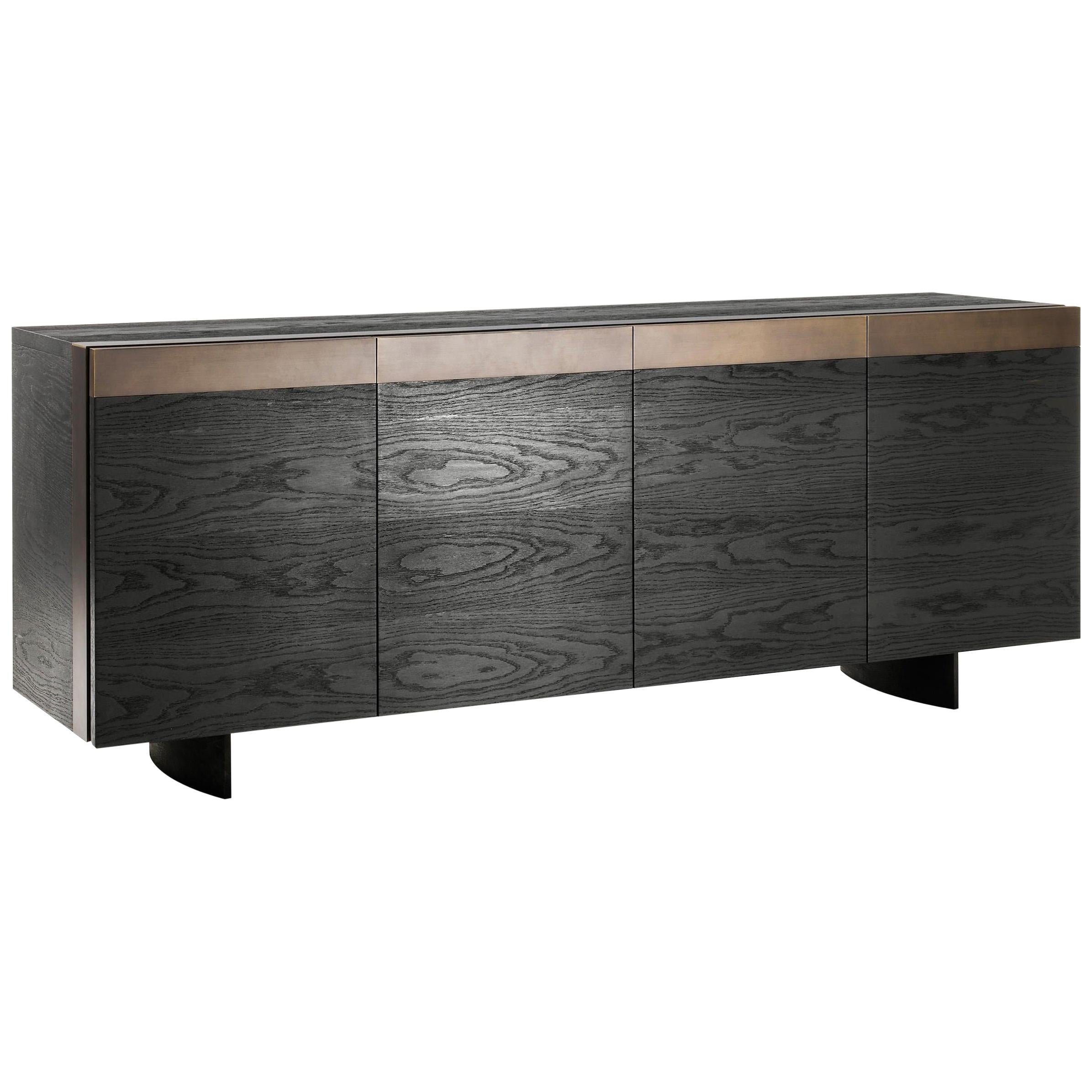 Contemporary Buffet in Solid Oak, Aged Bronze Iron Frame For Sale