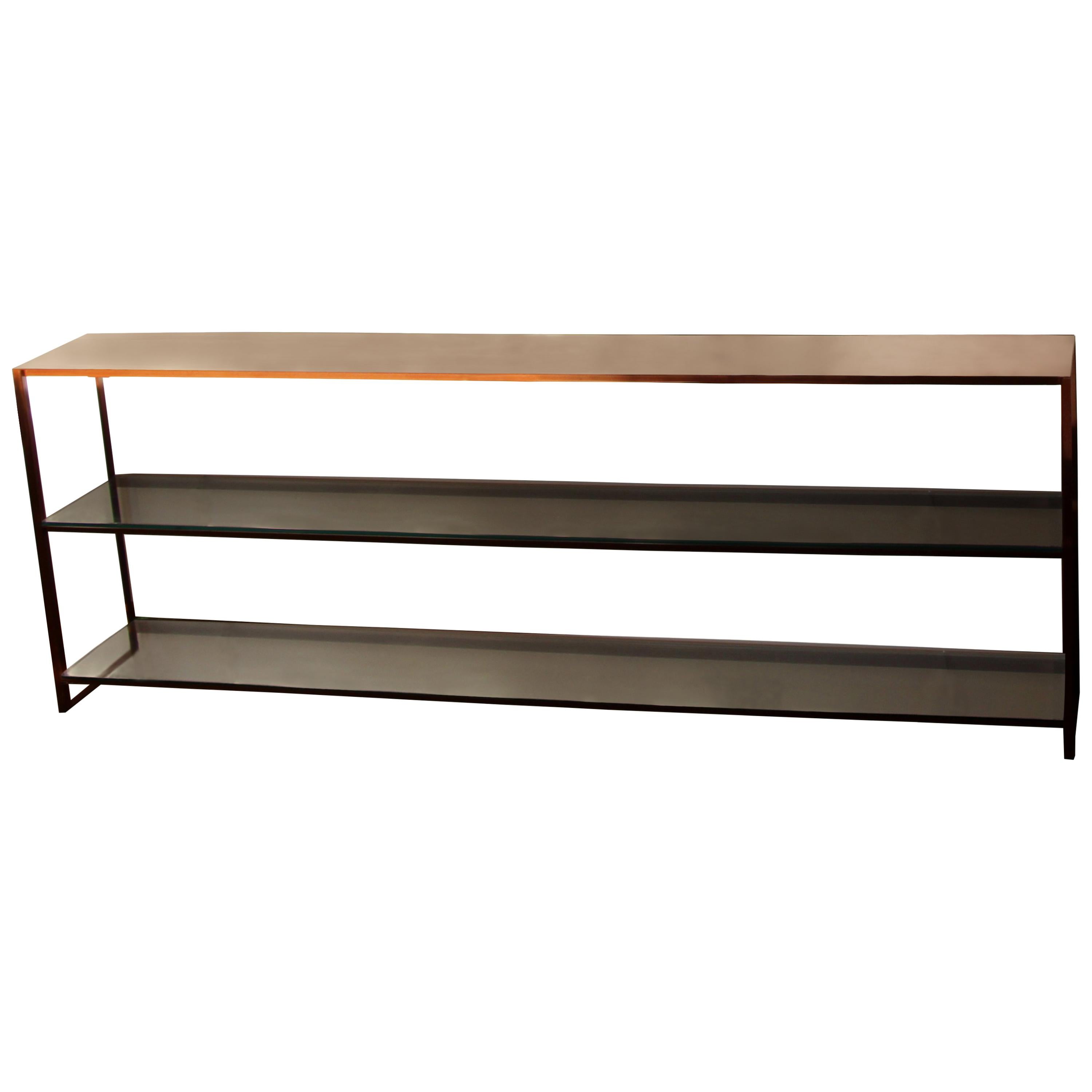 Contemporary Buffet Table in Recycled Metal, Minimal style, With Glass Shelf For Sale
