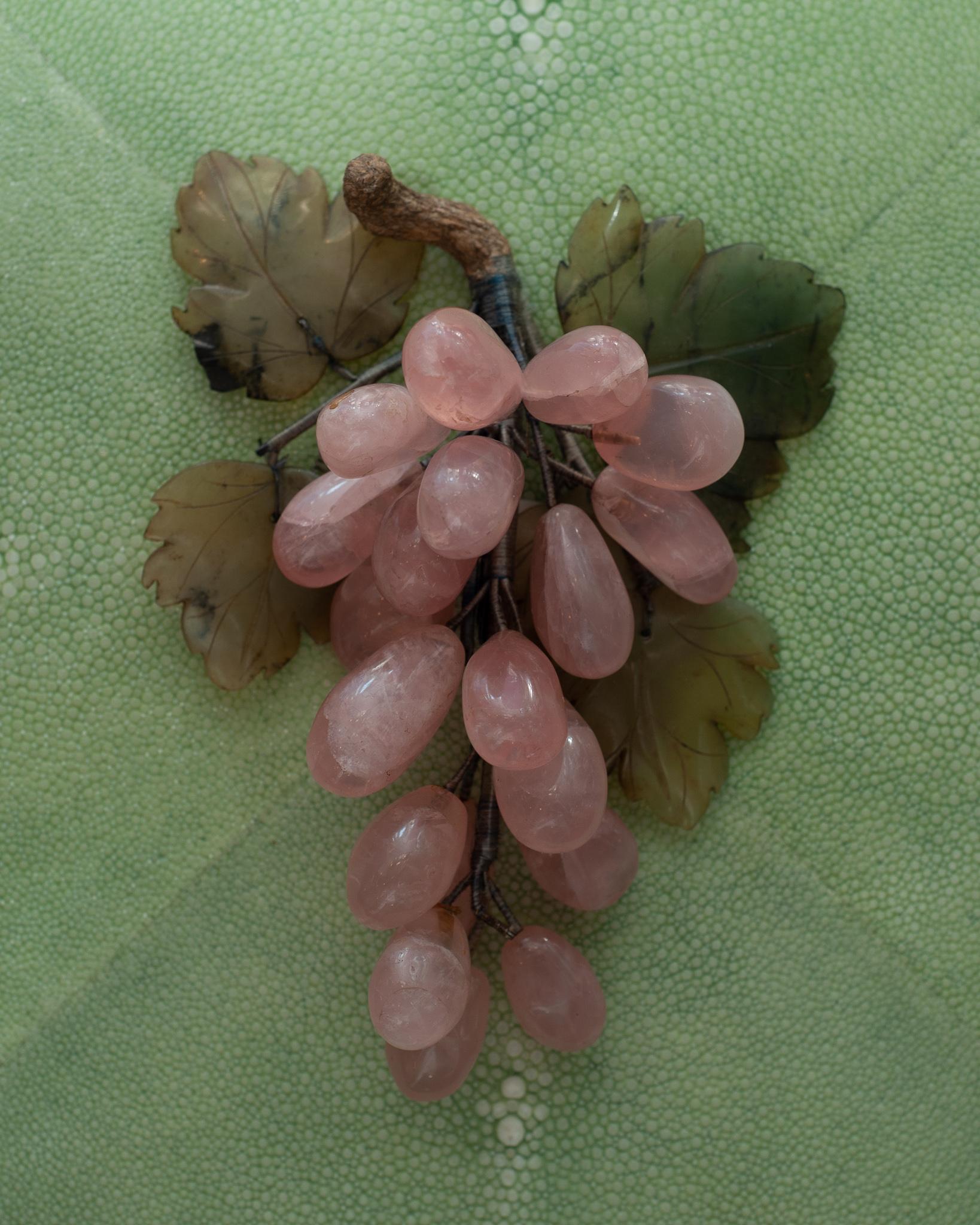 A beautiful contemporary bunch of semi precious amethyst grapes with a nephrite jade leaves.