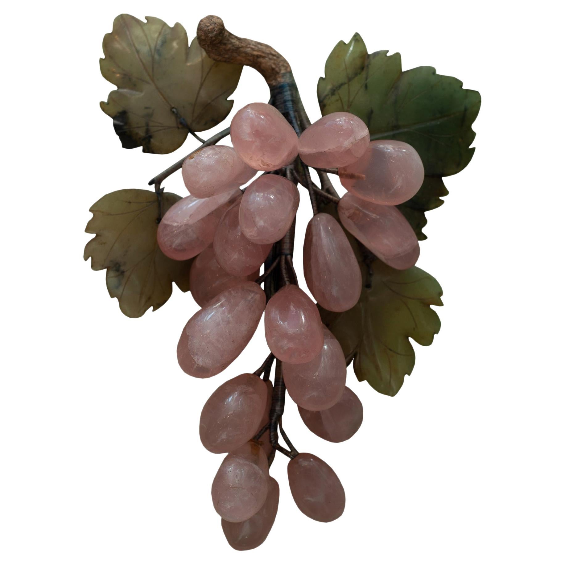 Contemporary Bunch of Semi Precious Rose Quartz Grapes with Jade Leaves