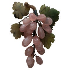 Contemporary Bunch of Semi Precious Rose Quartz Grapes with Jade Leaves
