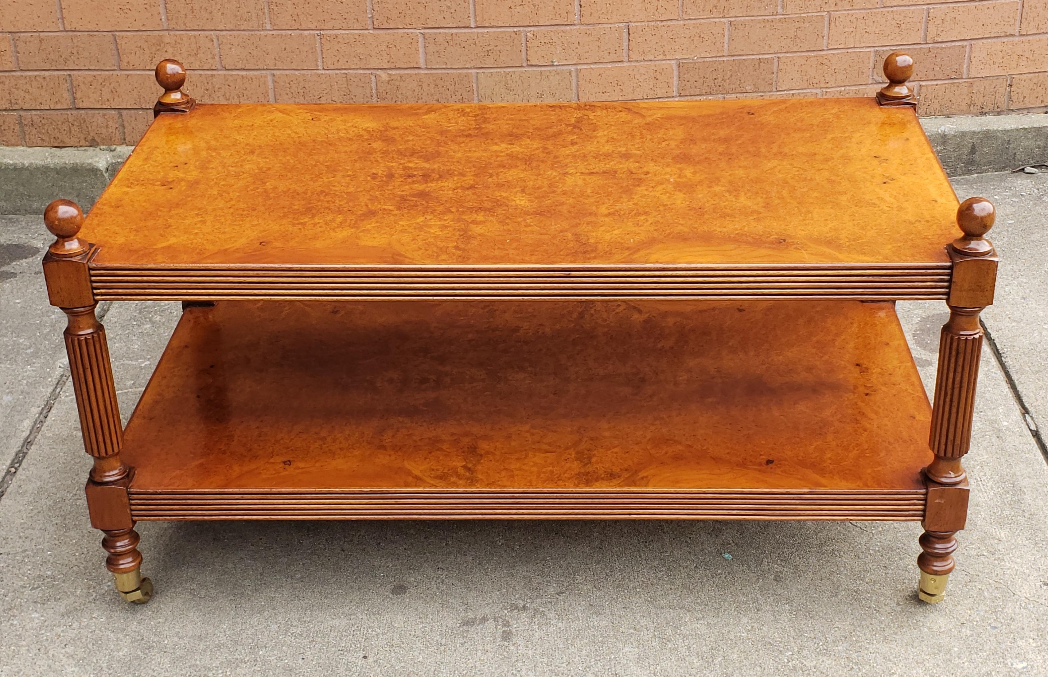 Contemporary Burl Fruitwood Tier Rolling Coffee Table im Angebot 8