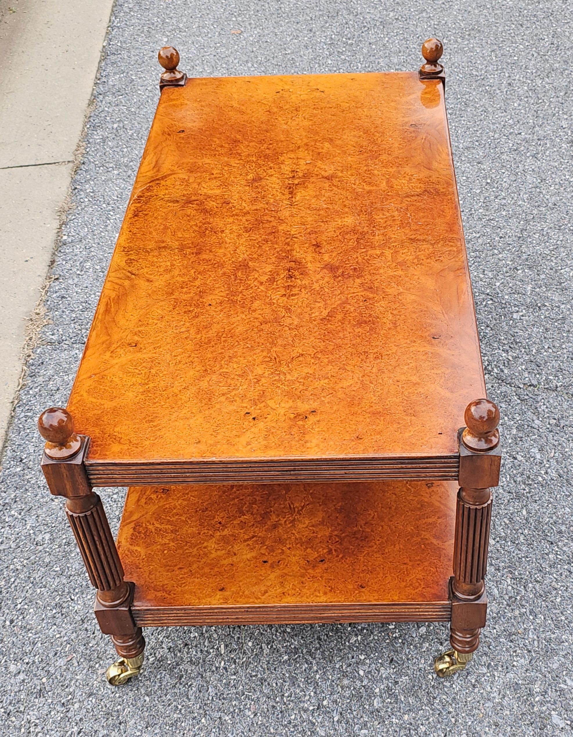 Contemporary Burl Fruitwood Tier Rolling Coffee Table im Zustand „Gut“ im Angebot in Germantown, MD