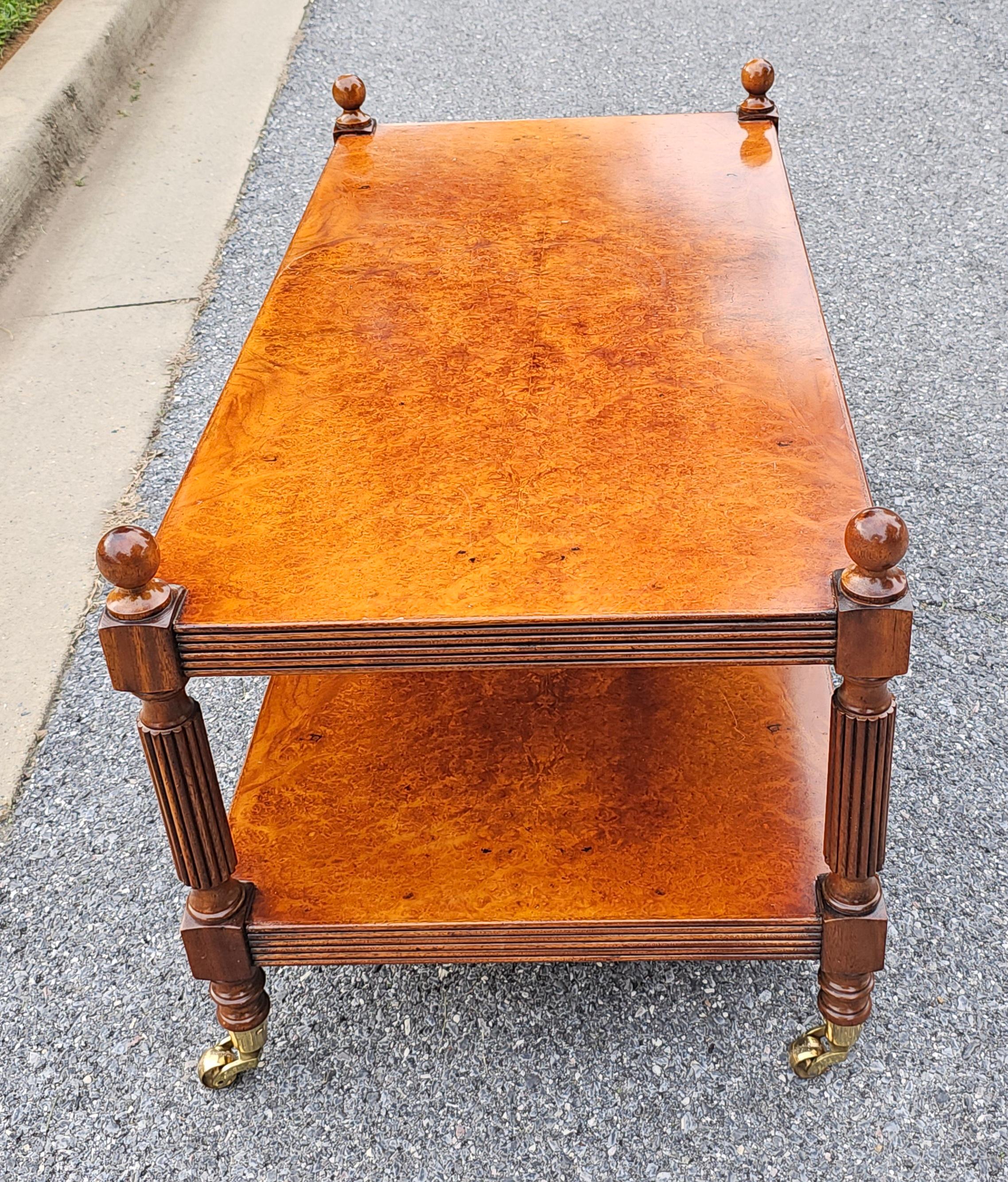Contemporary Burl Fruitwood Tier Rolling Coffee Table (Messing) im Angebot