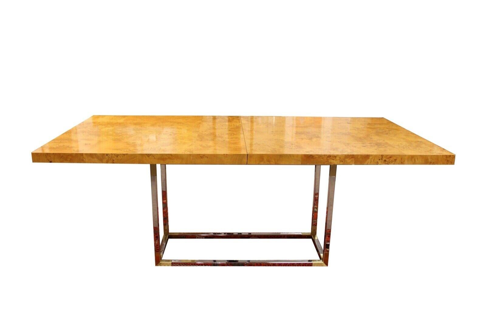 Contemporary Burlwood Extendable Dining Table W/ Brass and Chrome Base by Adler In Good Condition In Keego Harbor, MI
