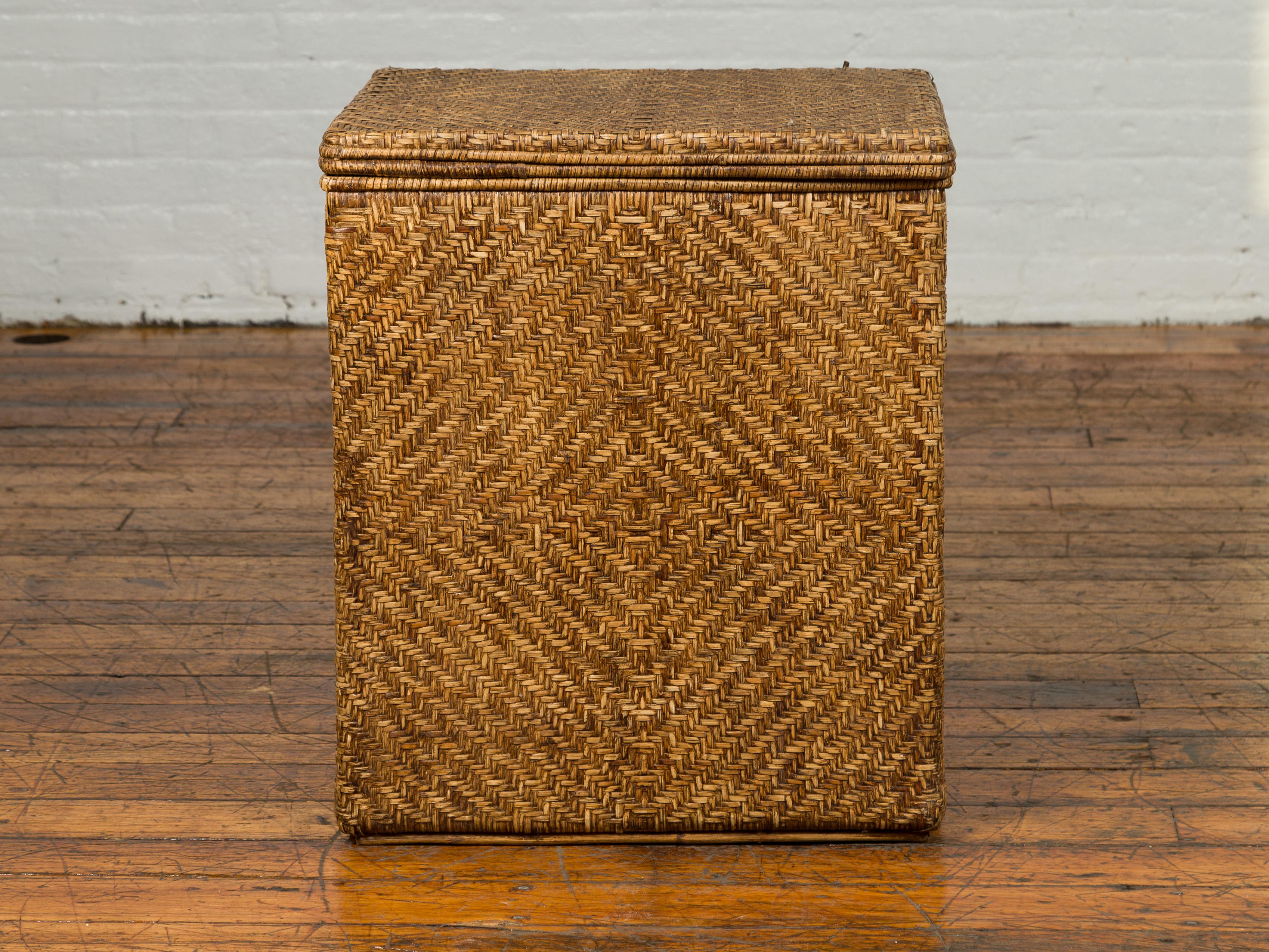 Burmese Handwoven Rattan Storage Box Hamper with Pierced Handles In Good Condition In Yonkers, NY