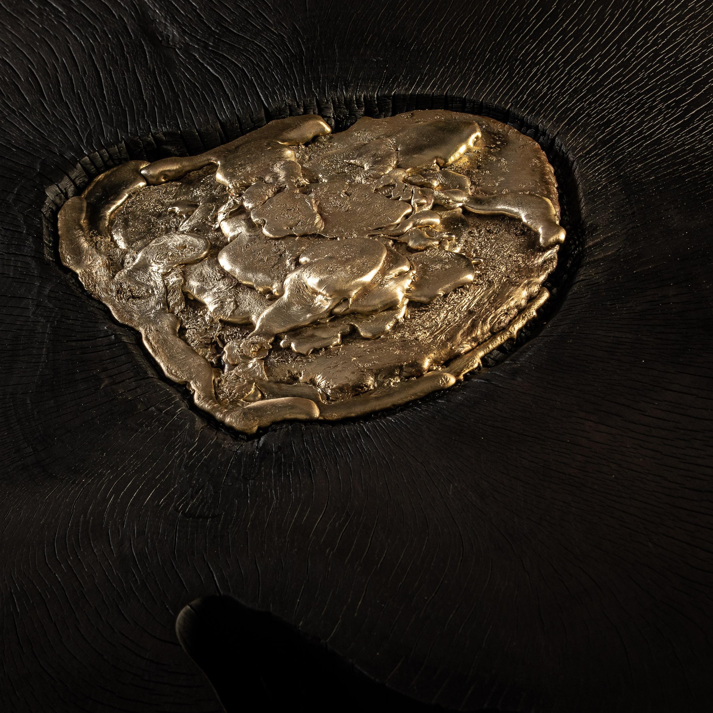 Contemporary Burned and oiled Chestnut wood - Cast Brass Lava table For Sale 6
