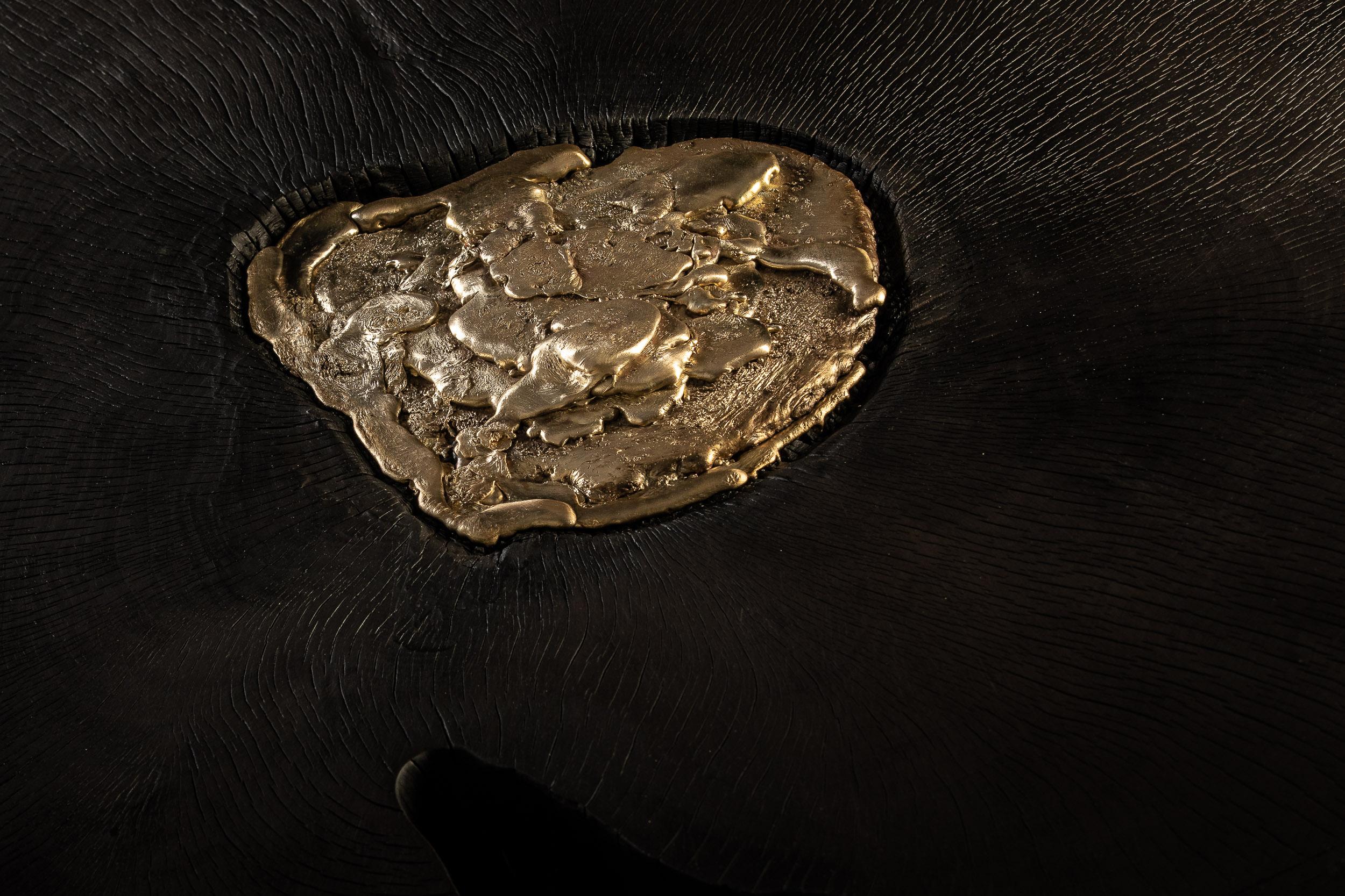 Contemporary Burned and oiled Chestnut wood - Cast Brass Lava table For Sale 7