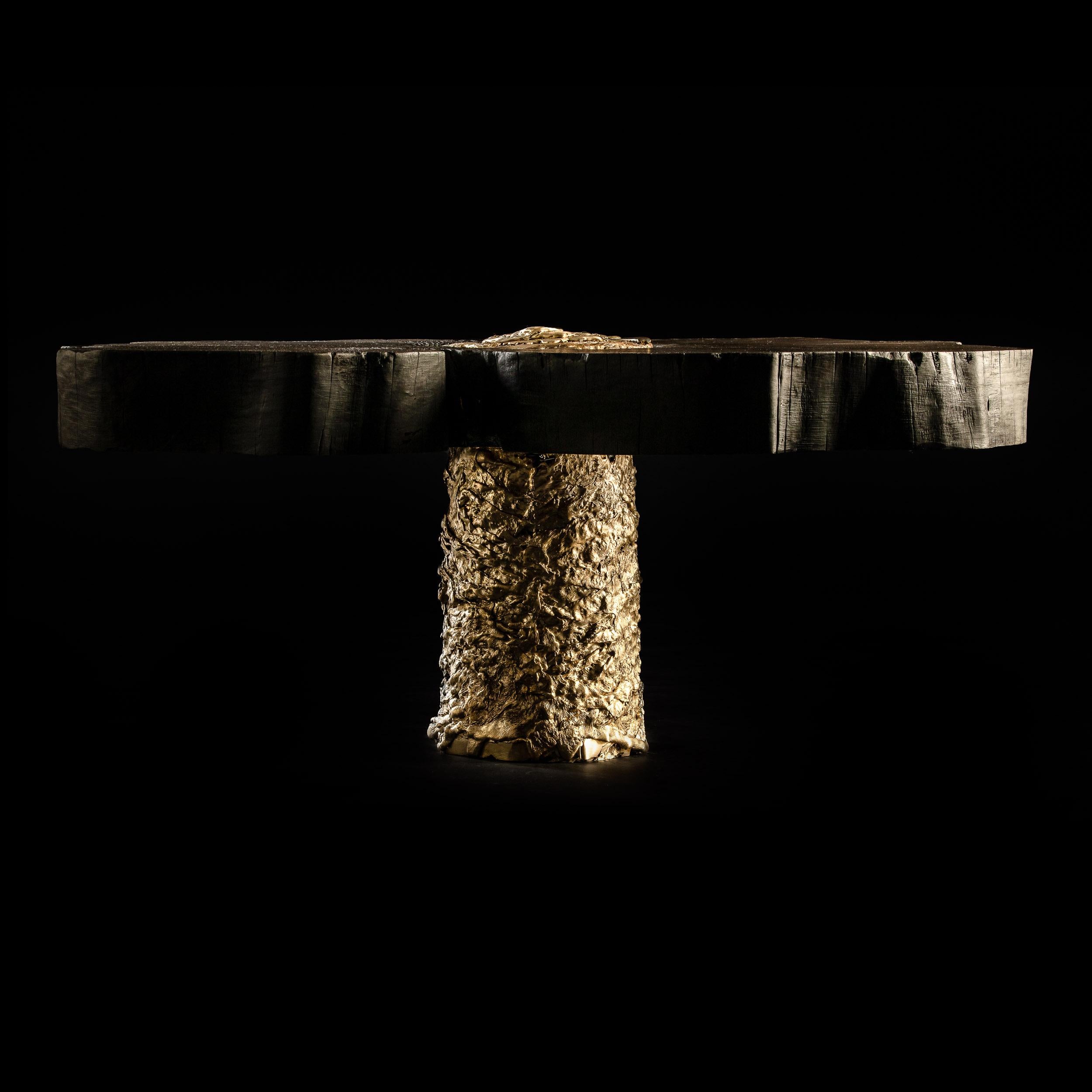 Contemporary Burned and oiled Chestnut wood - Cast Brass Lava table For Sale 8