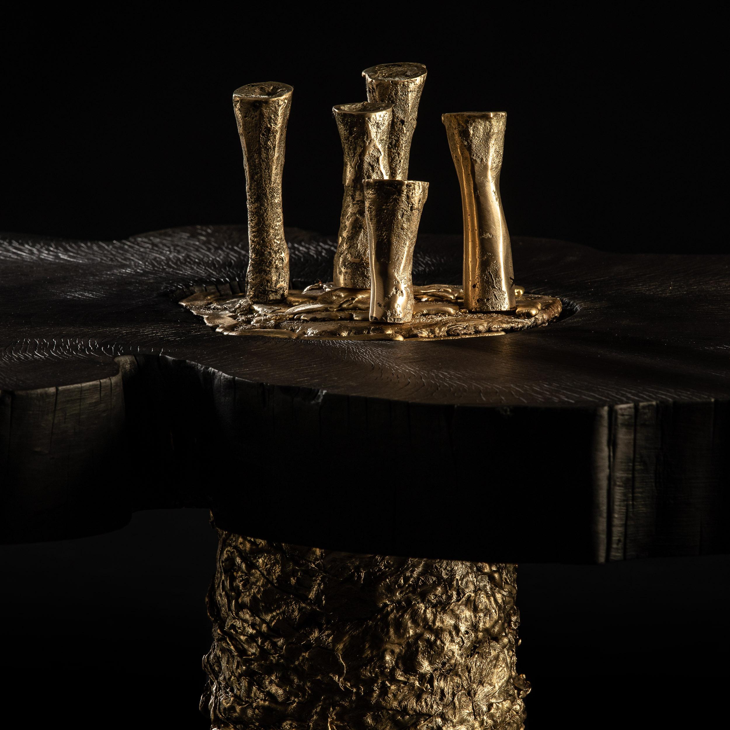 Contemporary Burned and oiled Chestnut wood - Cast Brass Lava table For Sale 15
