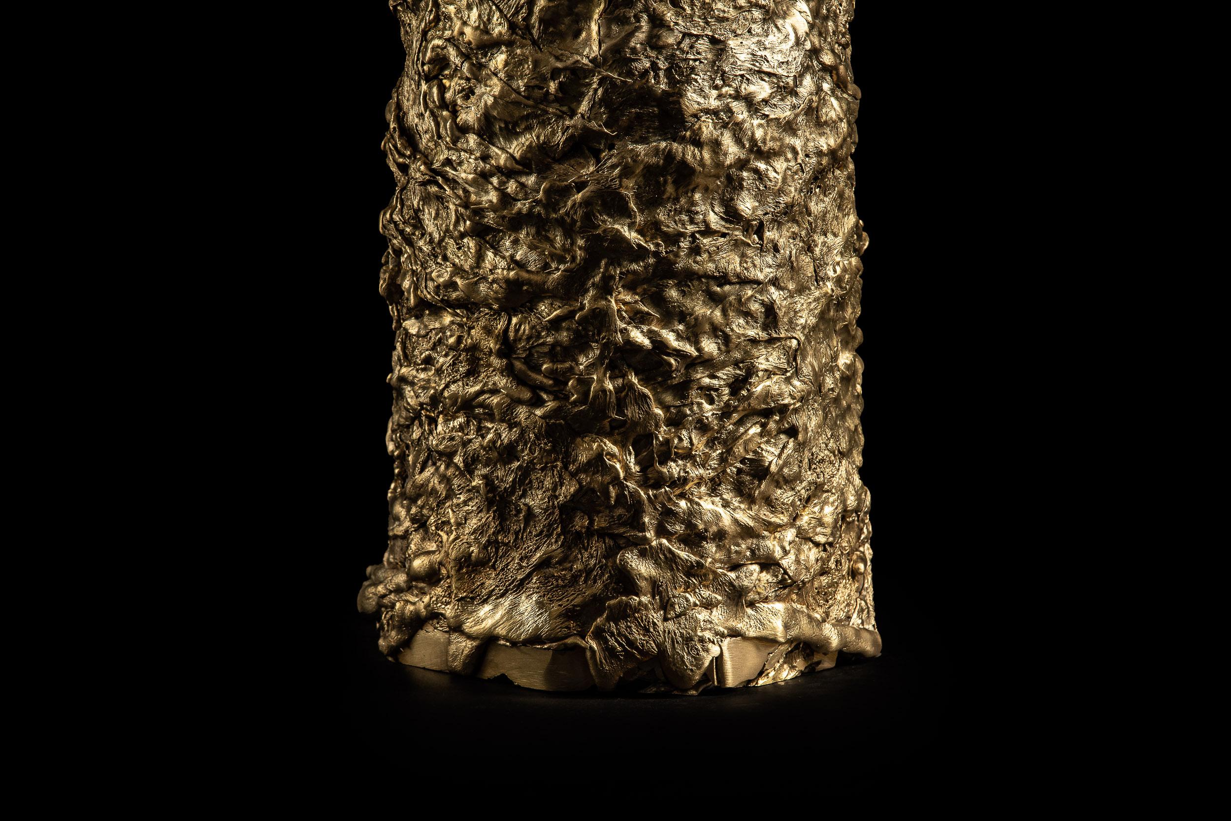 Hand-Carved Contemporary Burned and oiled Chestnut wood - Cast Brass Lava table For Sale
