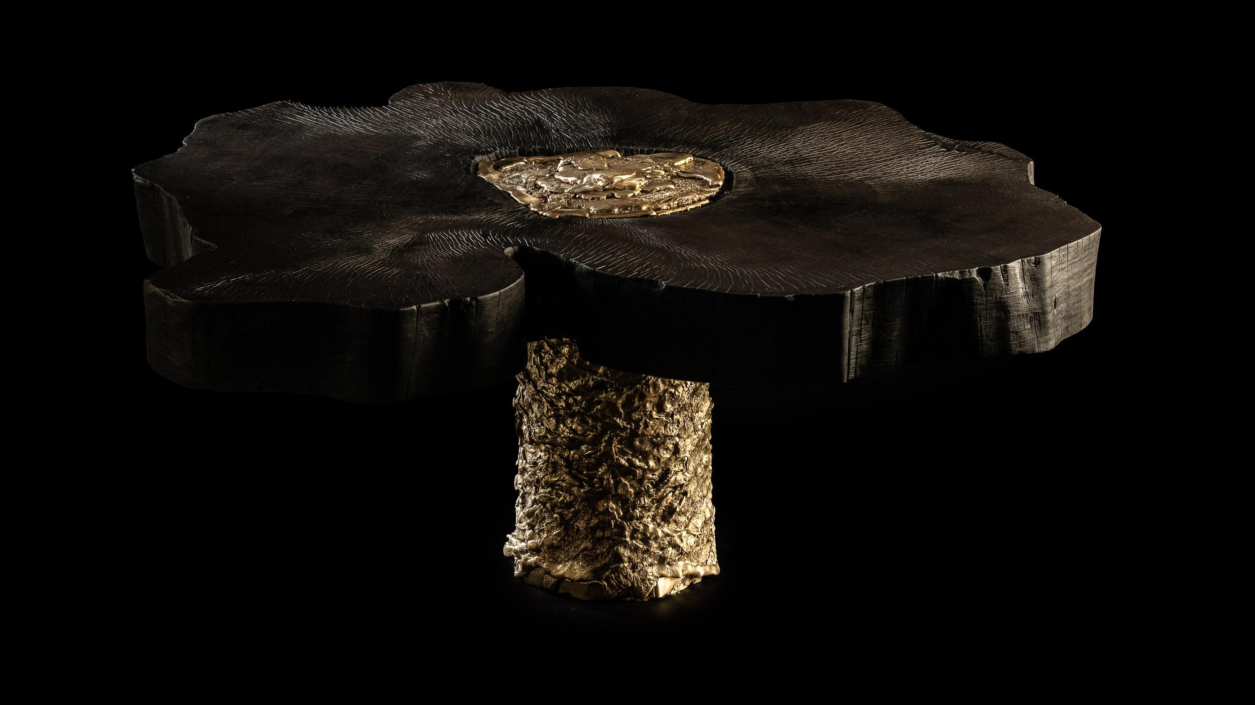 Contemporary Burned and oiled Chestnut wood - Cast Brass Lava table For Sale 2