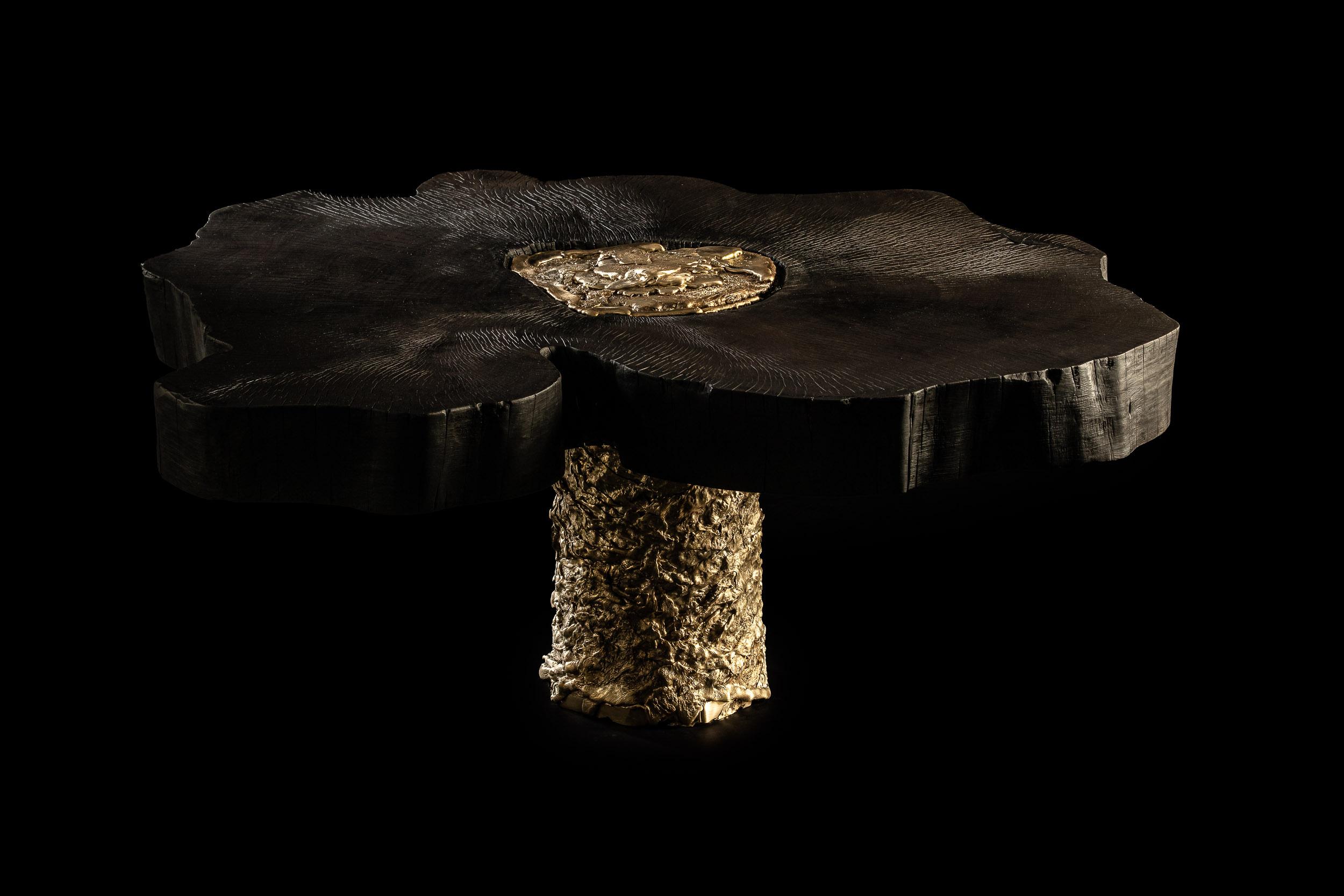 Contemporary Burned and oiled Chestnut wood - Cast Brass Lava table For Sale 3