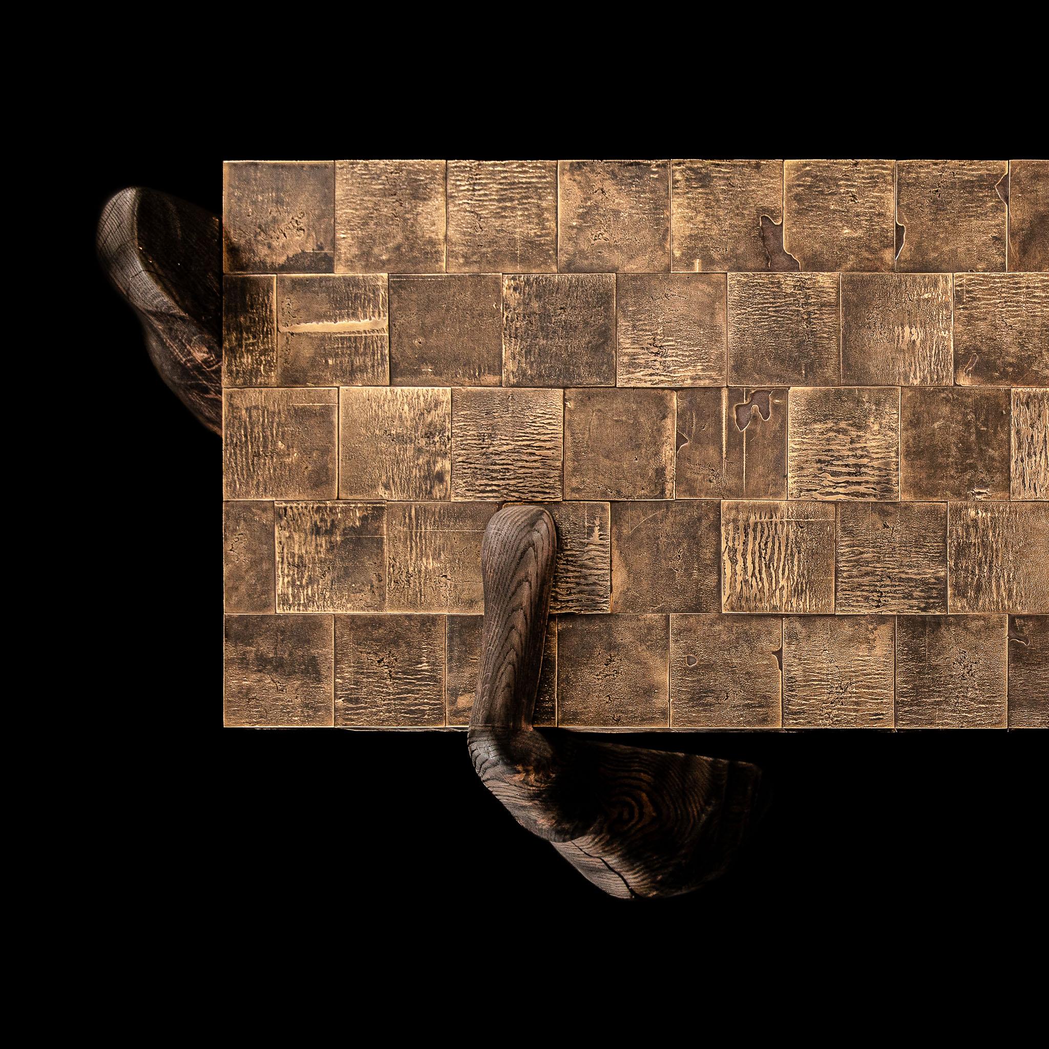 Contemporary Burned and waxed oak - cast brass Megalith console For Sale 4