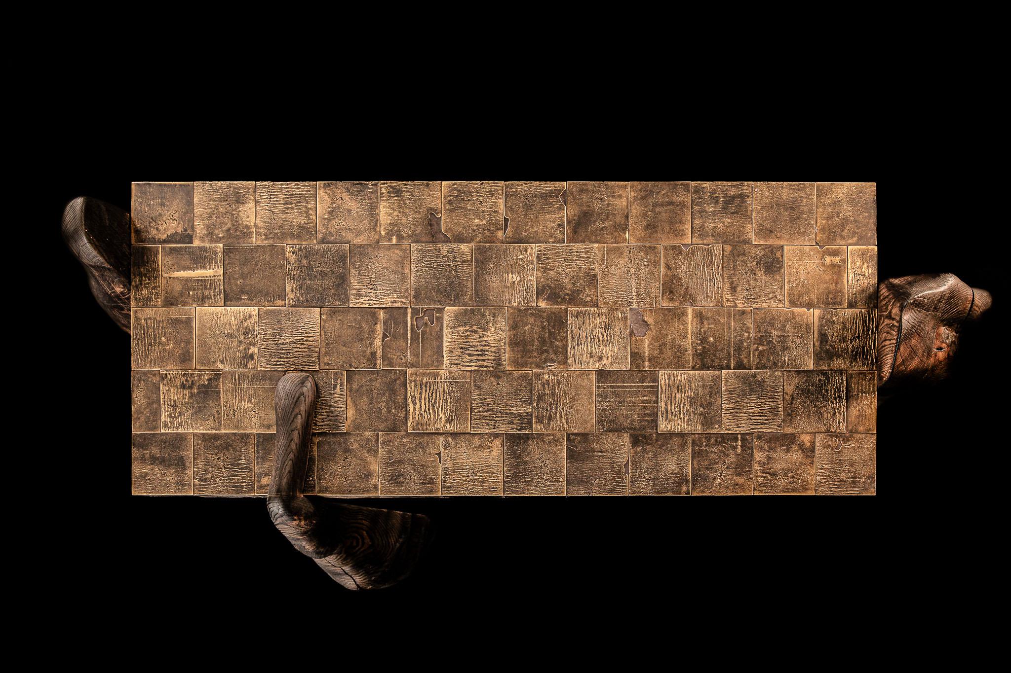 Contemporary Burned and waxed oak - cast brass Megalith console For Sale 5
