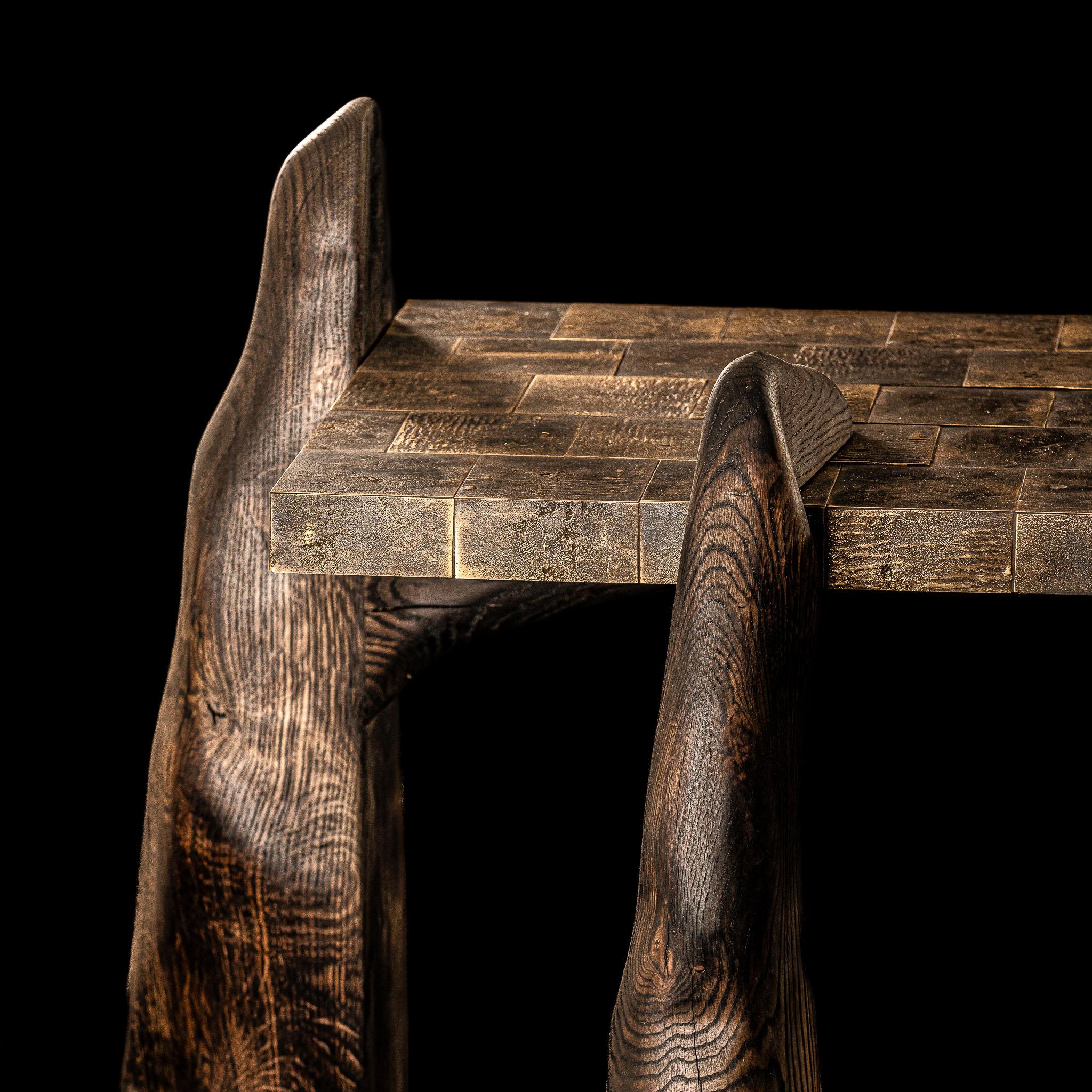 Contemporary Burned and waxed oak - cast brass Megalith console For Sale 6