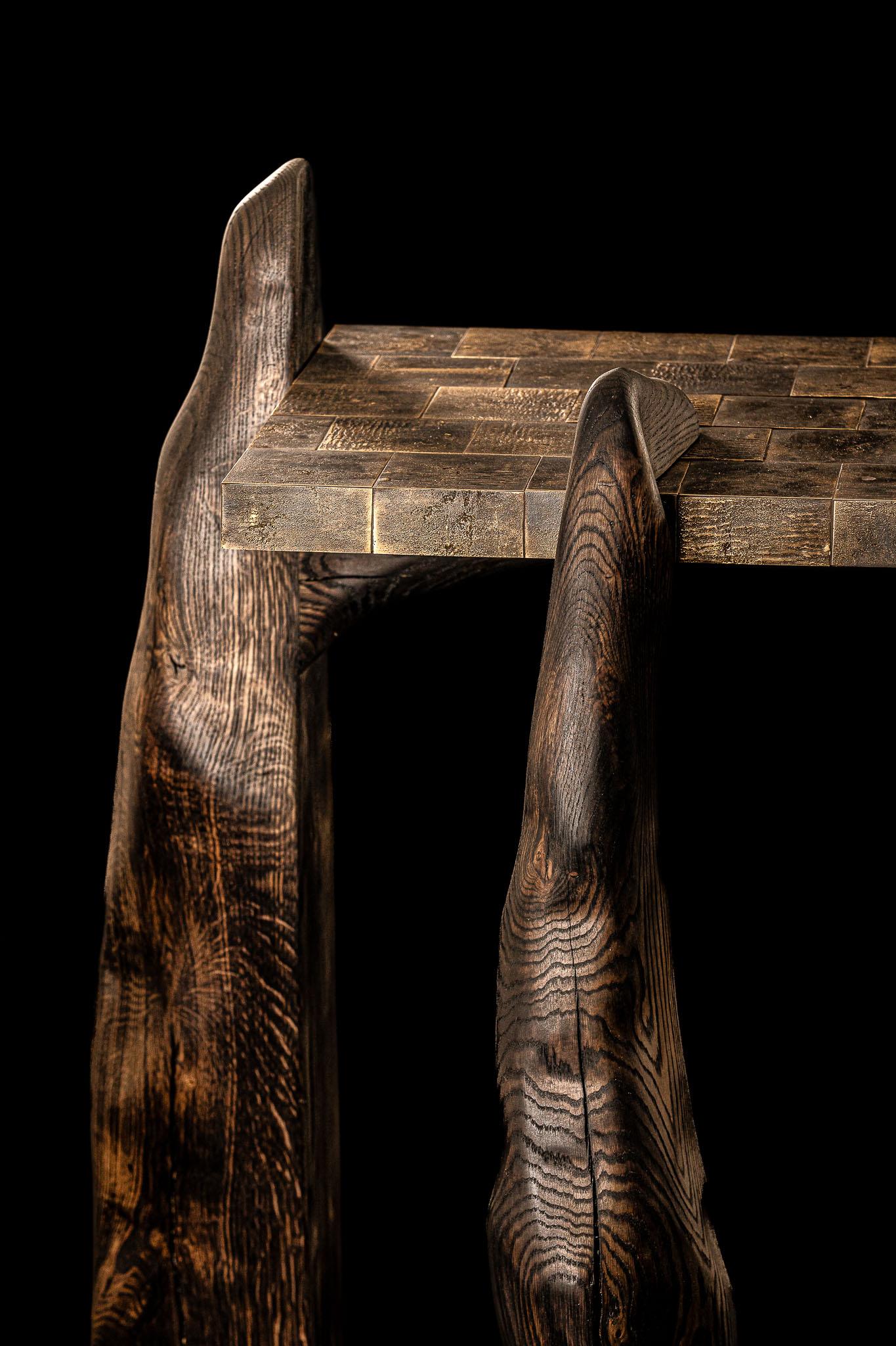 Contemporary Burned and waxed oak - cast brass Megalith console For Sale 7