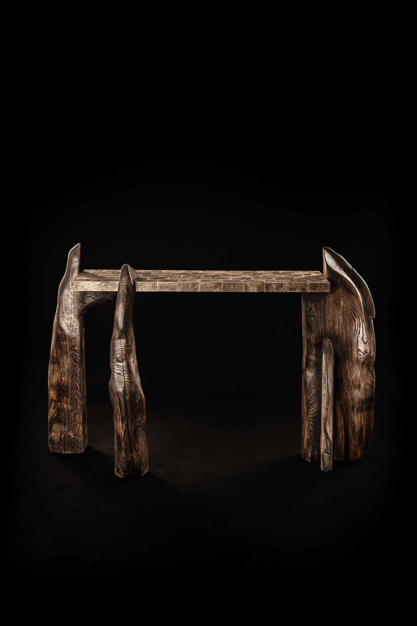Belgian Contemporary Burned and waxed oak - cast brass Megalith console For Sale