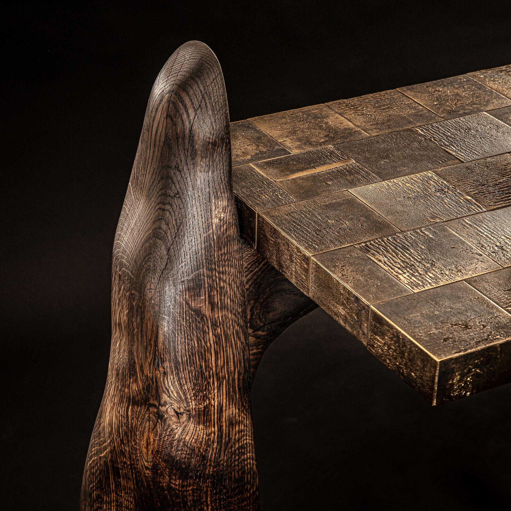 Hand-Carved Contemporary Burned and waxed oak - cast brass Megalith console For Sale