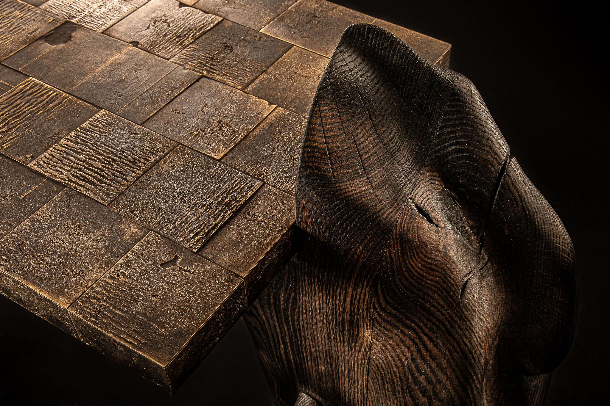 Brass Contemporary Burned and waxed oak - cast brass Megalith console For Sale