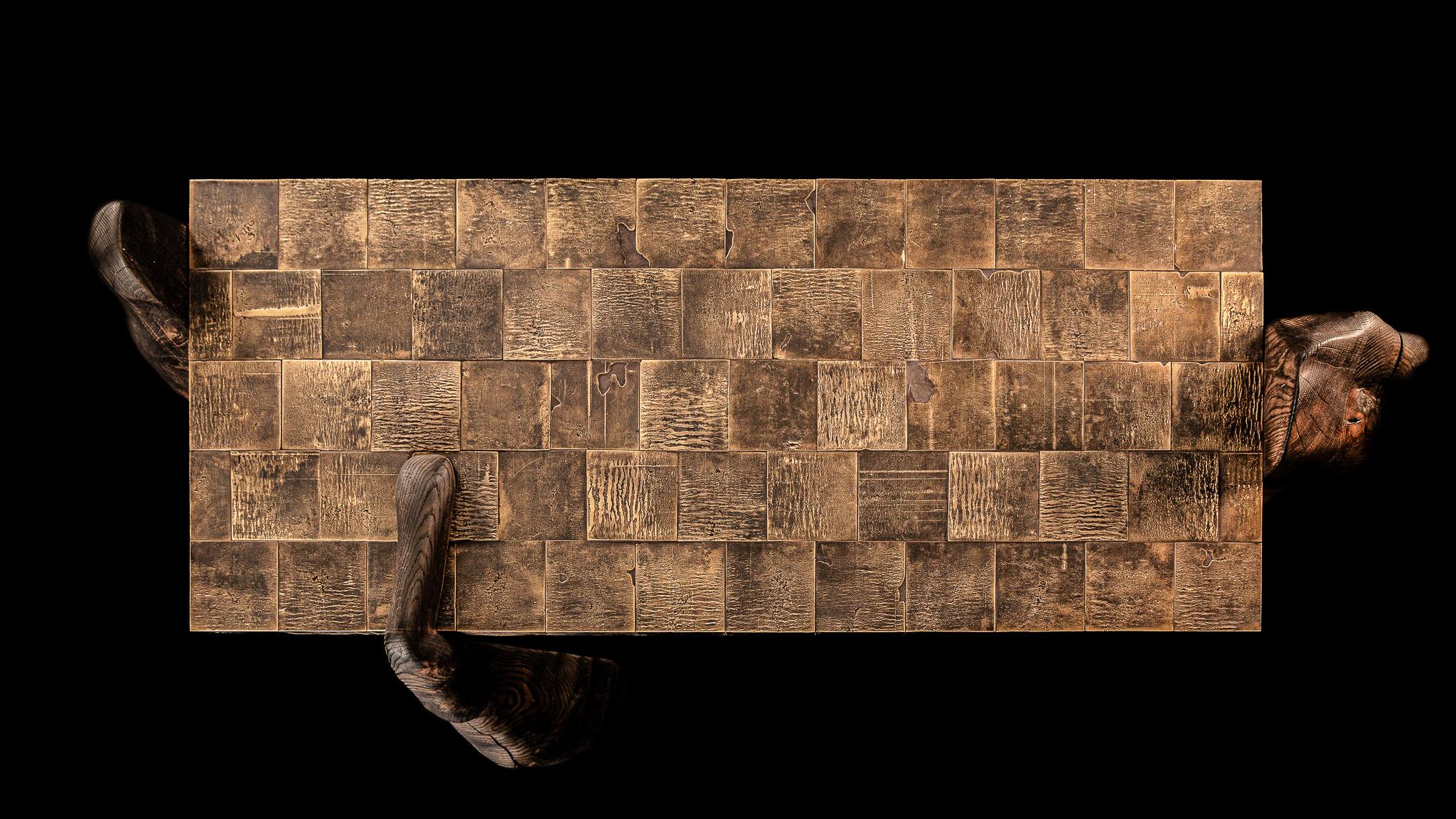 Contemporary Burned and waxed oak - cast brass Megalith console For Sale 3
