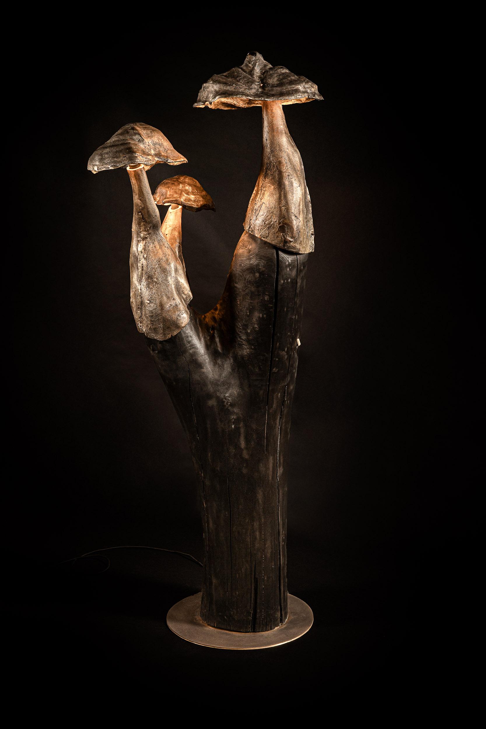 Intagliato a mano Albero di pioppo bruciato e cerato contemporaneo con lampada da terra in ottone fuso Tondel 03 in vendita