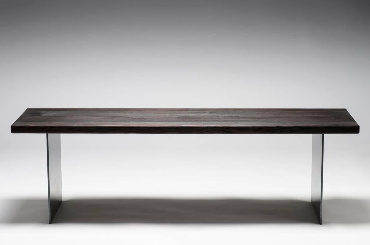Unique contemporary burned wooden bench, elaborate made by hand in Austria under the use of a traditional Japanese technique. Made of finest cedar wood charred and brushed, the so-called 