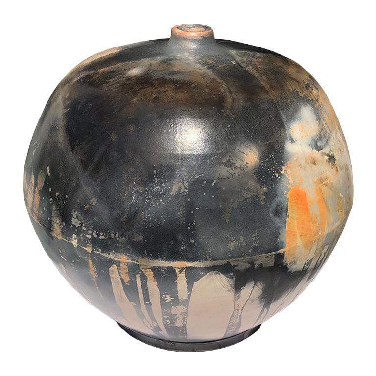 Hand Crafted Contemporary Burnished Barrel Fired Round Ceramic Vessel Sculpture 