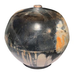 Hand Crafted Contemporary Burnished Barrel Fired Round Ceramic Vessel Sculpture 