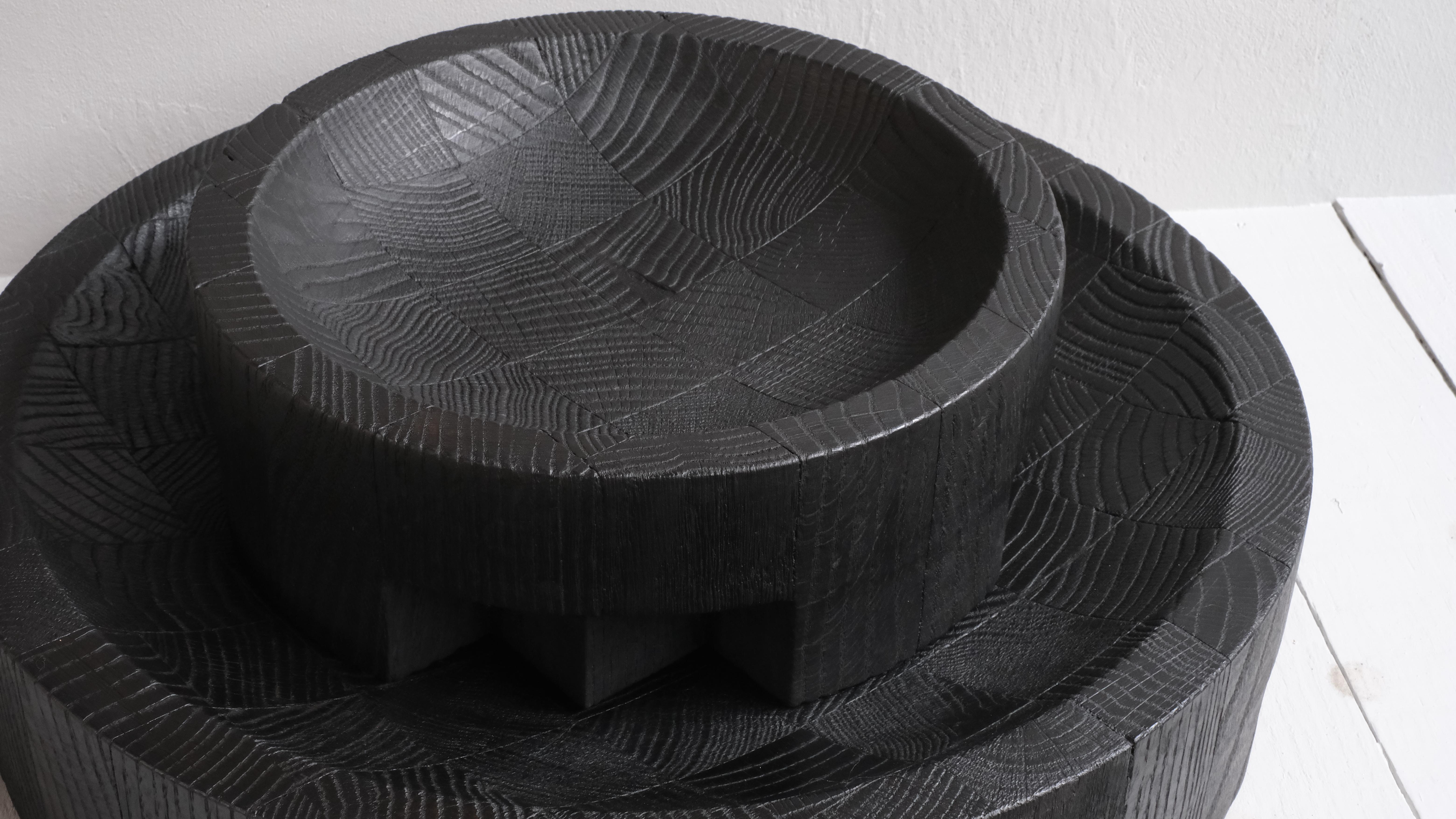 Contemporary Burnt and Wazed Oak Sma;l Black Disk Tray by Arno Declercq For Sale 3