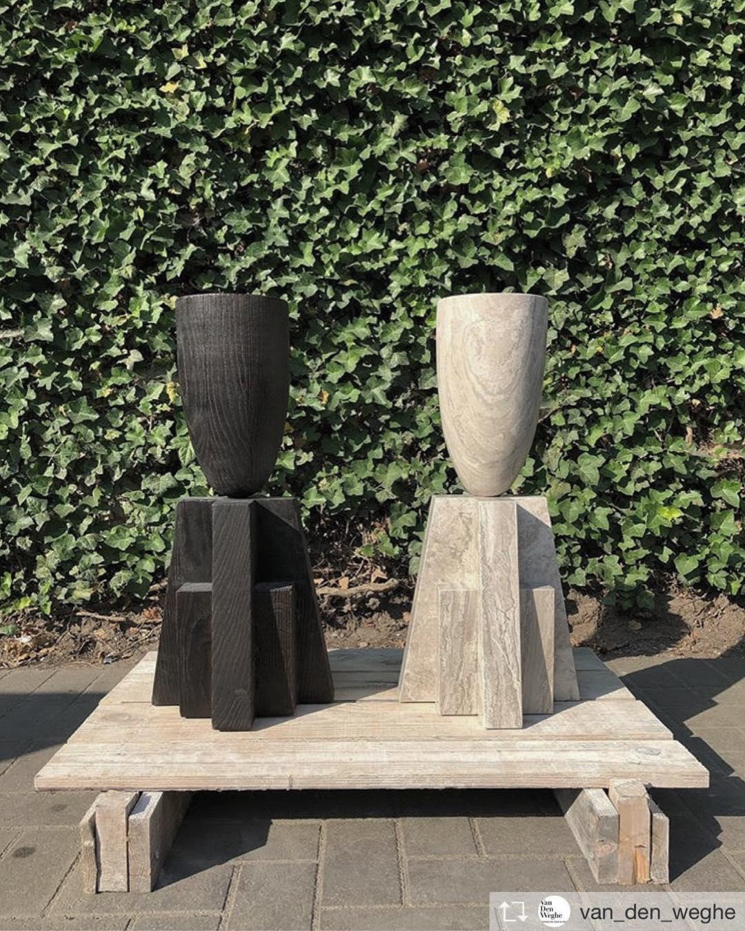 Contemporary Burnt Iroko Wood Goblet Vase with Geometric Base by Arno Declercq For Sale 4