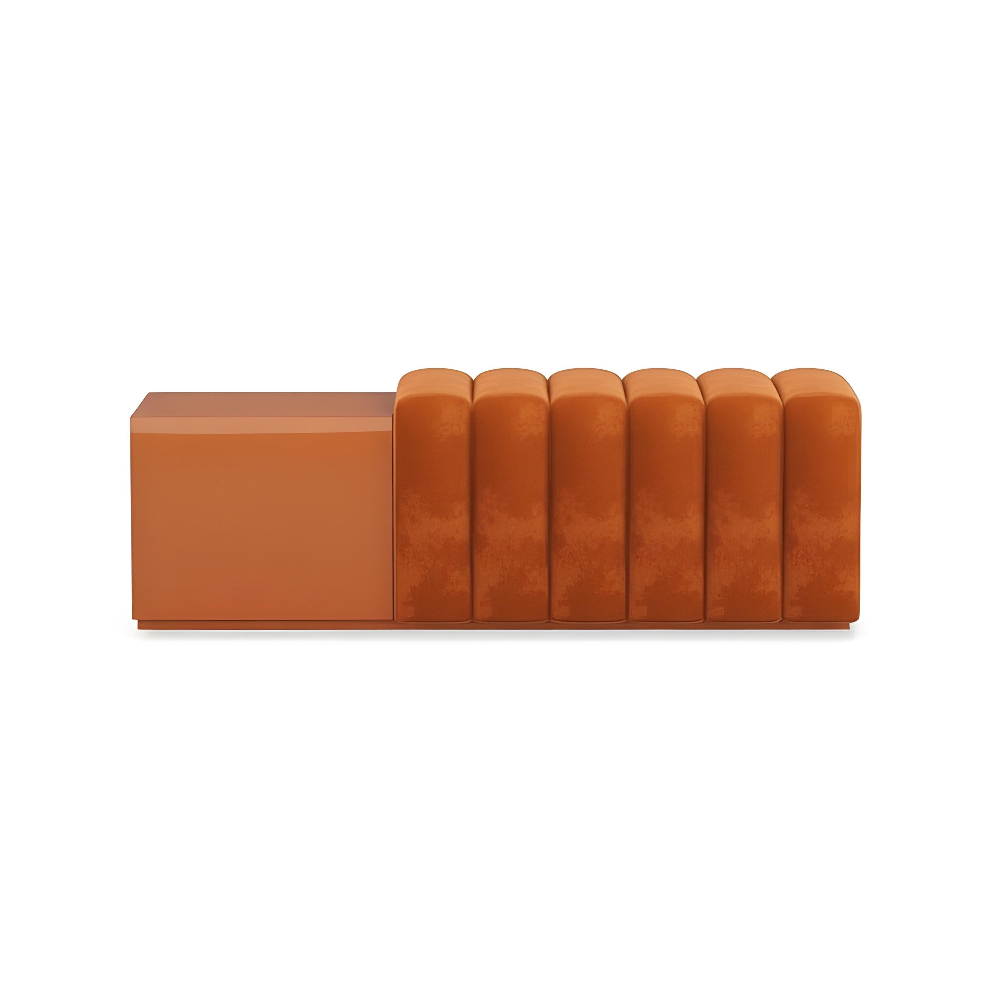 Questa panchina scultorea unisce colori decisi e contrasti tattili, bilanciando funzione e forma in un design contemporaneo da collezione. Un lato è ricavato da un solido blocco di lacca lucida in una ricca terracotta arancione bruciata, offrendo