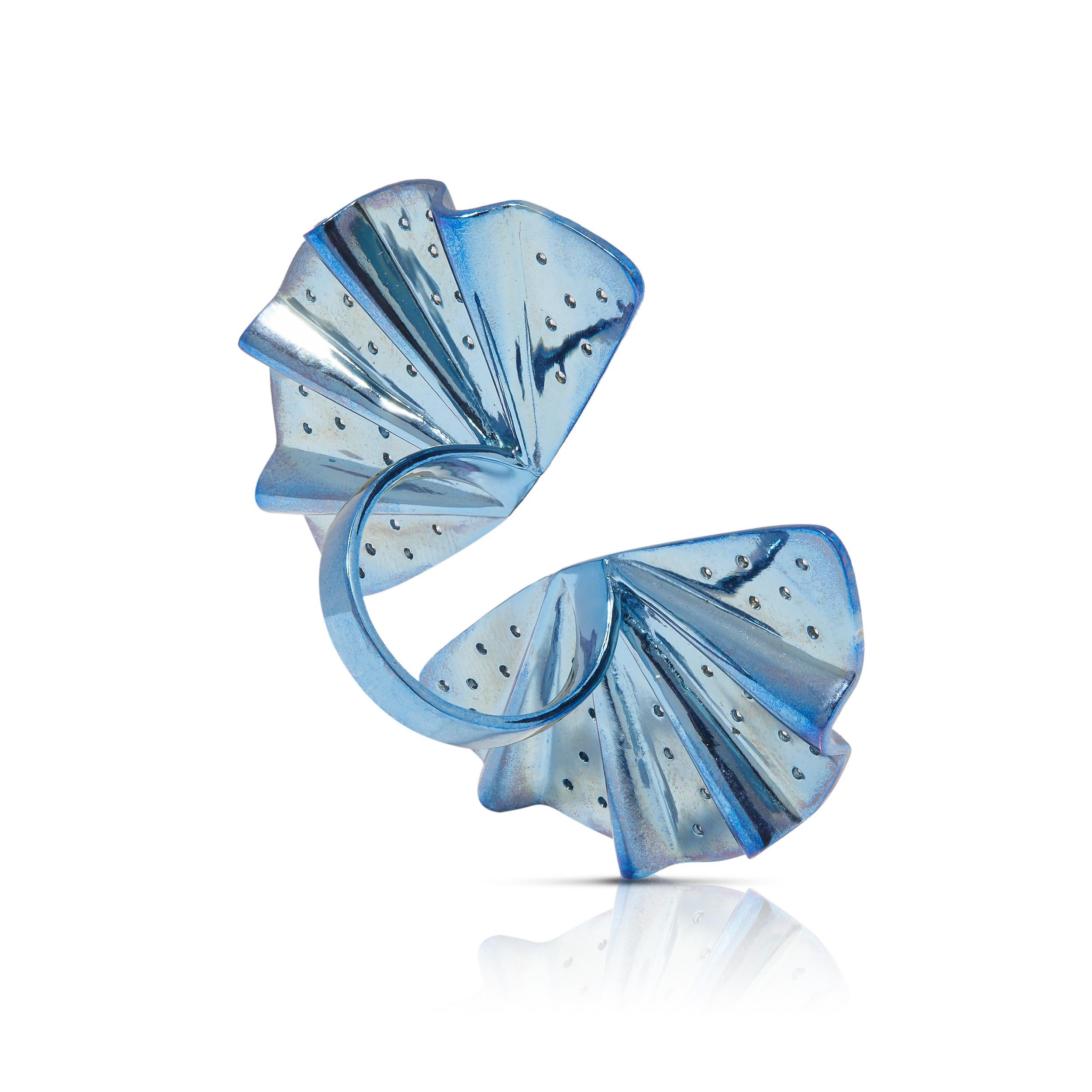 Brilliant Cut Contemporary Blue Titanium Open Butterfly Ring With Diamonds For Sale