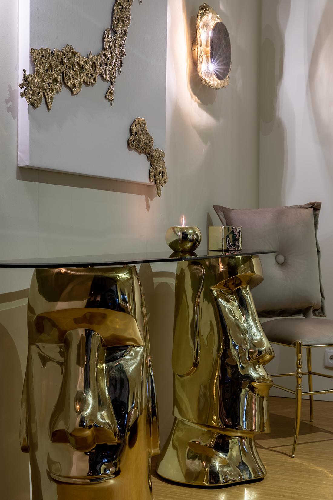 Cut Glass Contemporary Moai Console Table in Polished Brass Cast and Glass Tabletop For Sale