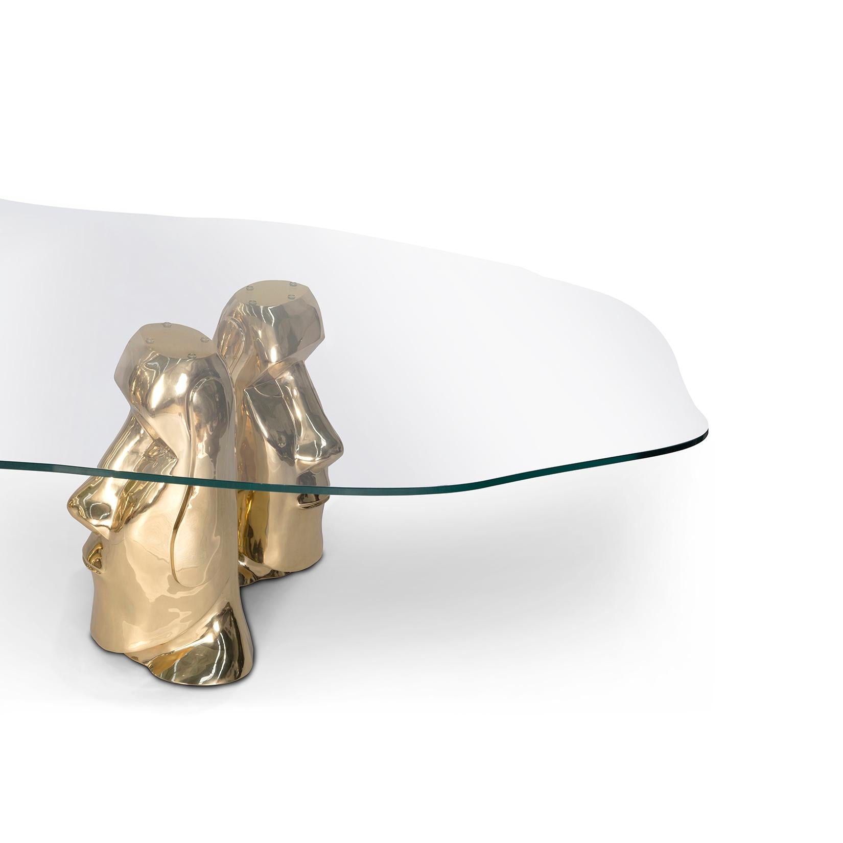 Modern Contemporary Moai Dining Table in Polished Brass Cast and Glass Tabletop For Sale