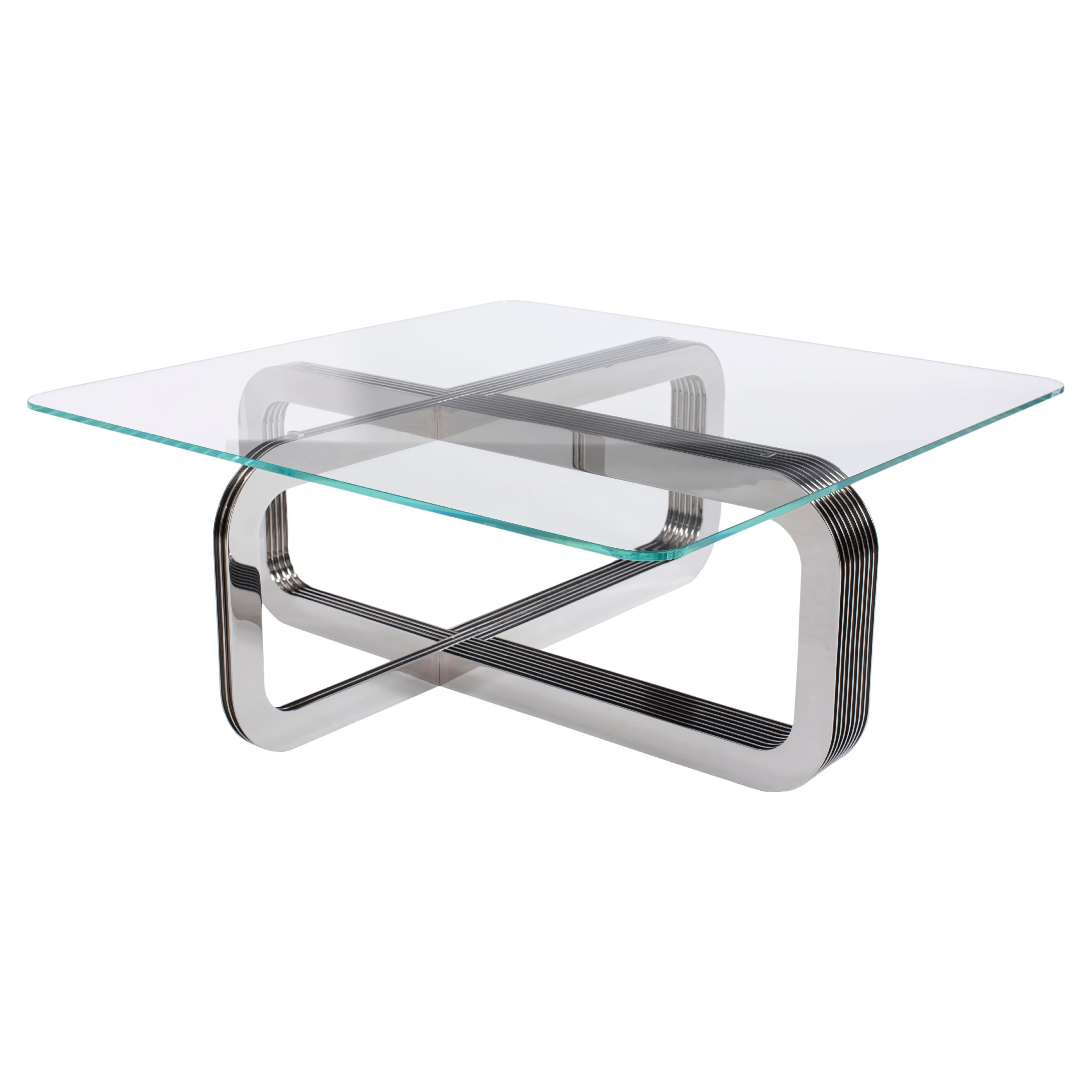 Mesa de centro contemporánea de cristal y cromo, Ebb & Flow Handmade